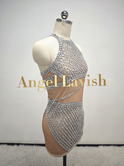 Black Mesh See Through Rhinestone Mini Dress