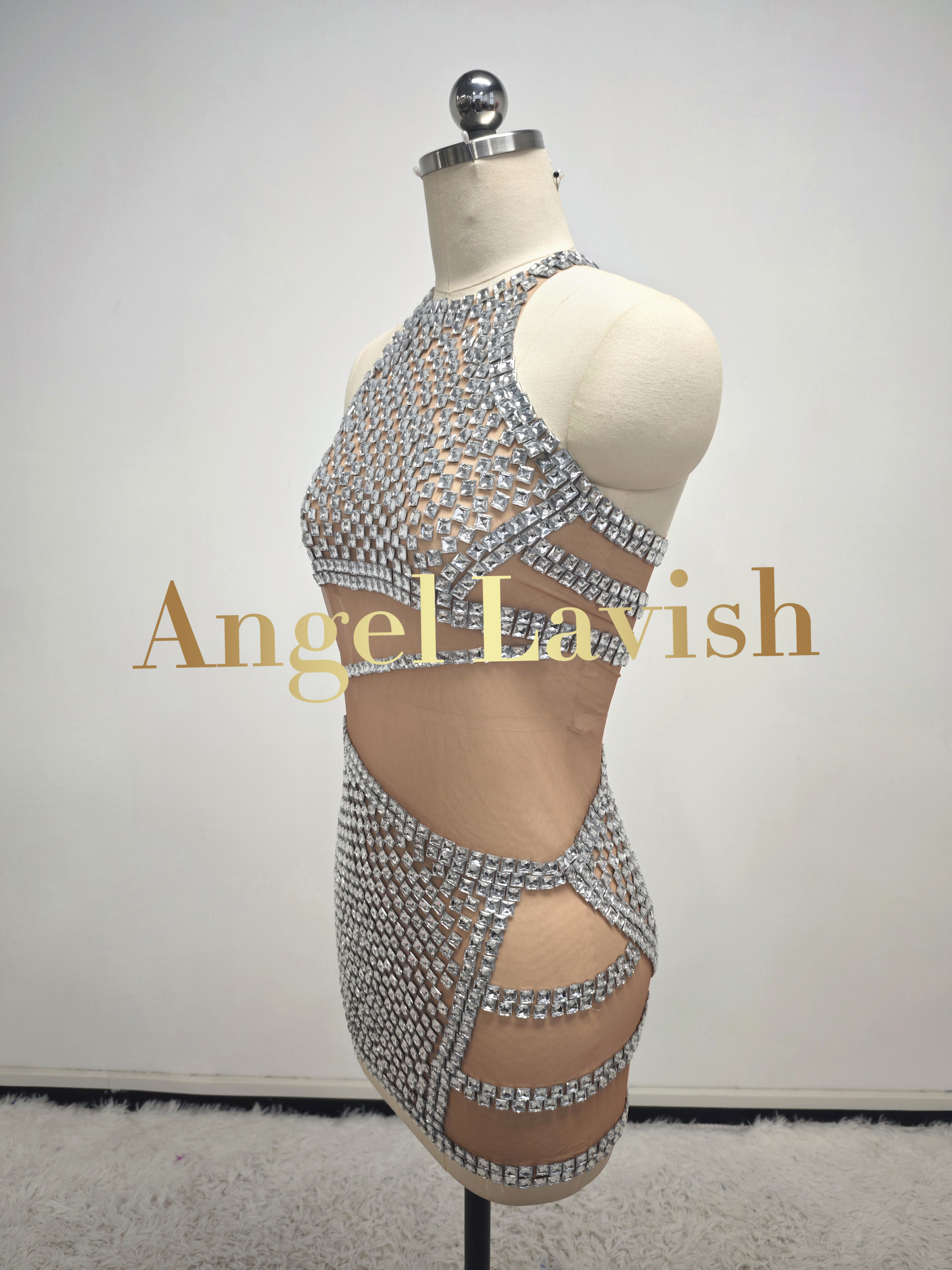 Silver Mesh See Through Rhinestone Mini Dress