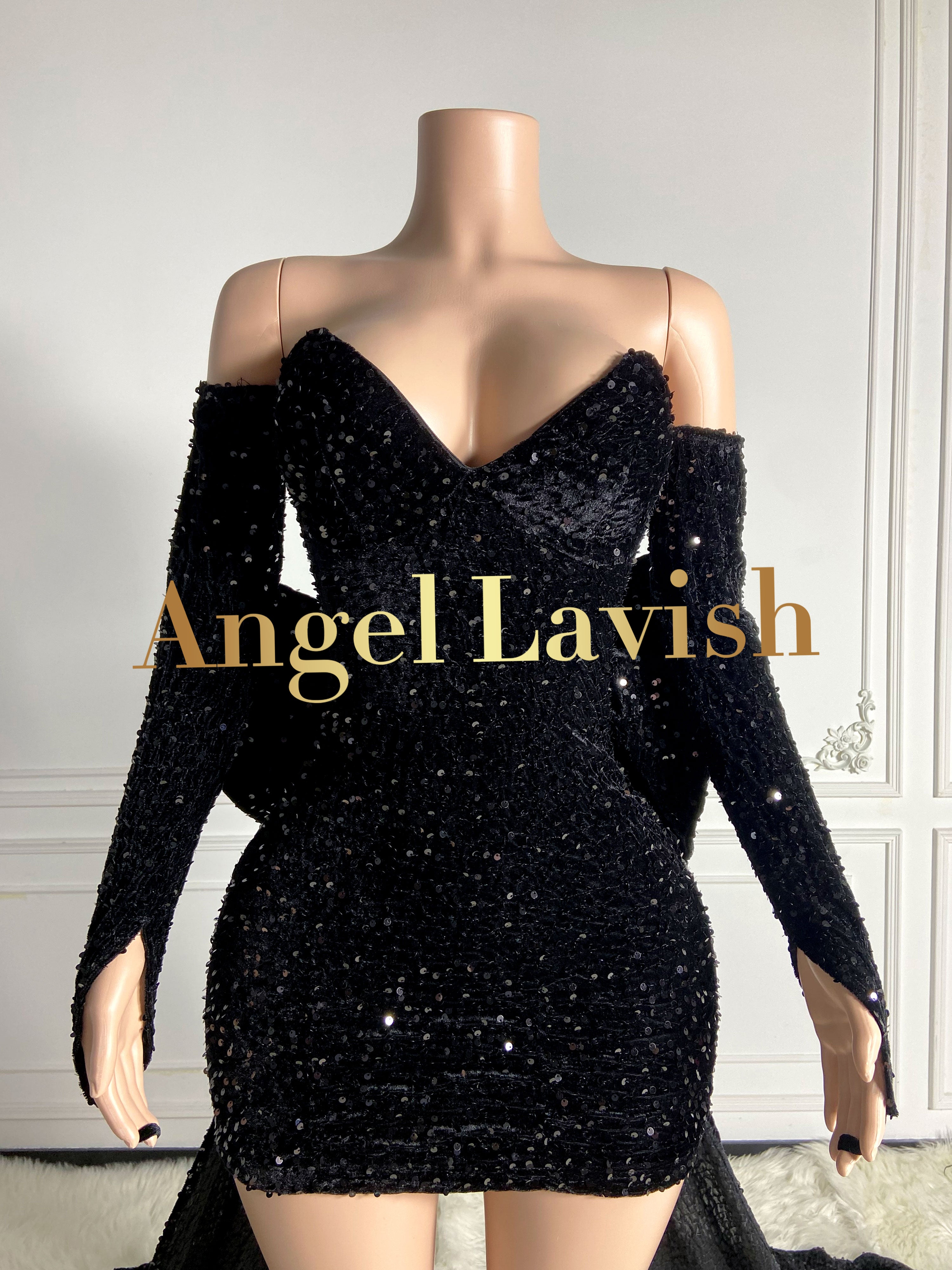 Black Sequined Mini Velvet Dress with Big Backend Bowknot