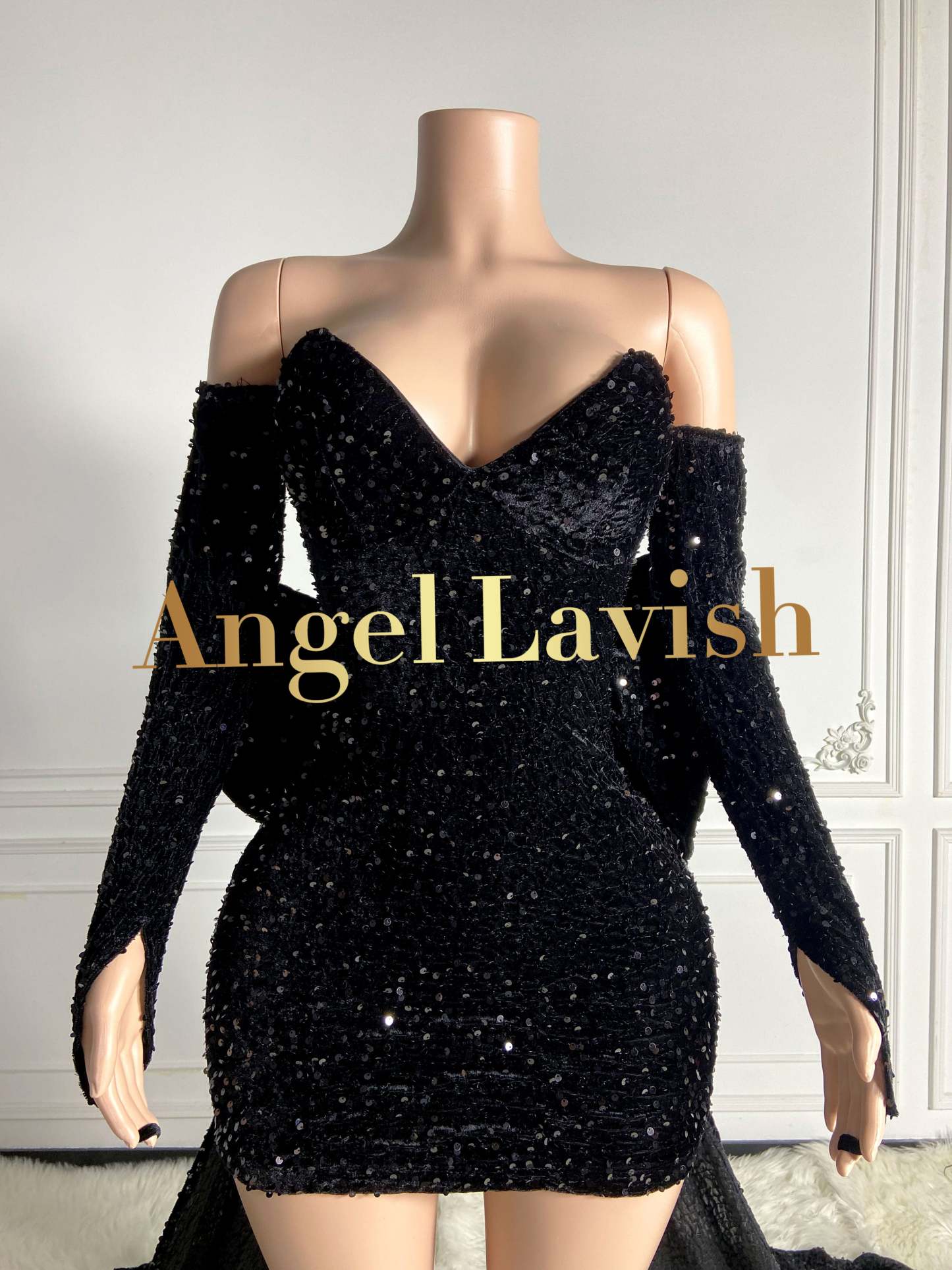 Black Sequined Mini Velvet Dress with Big Backend Bowknot