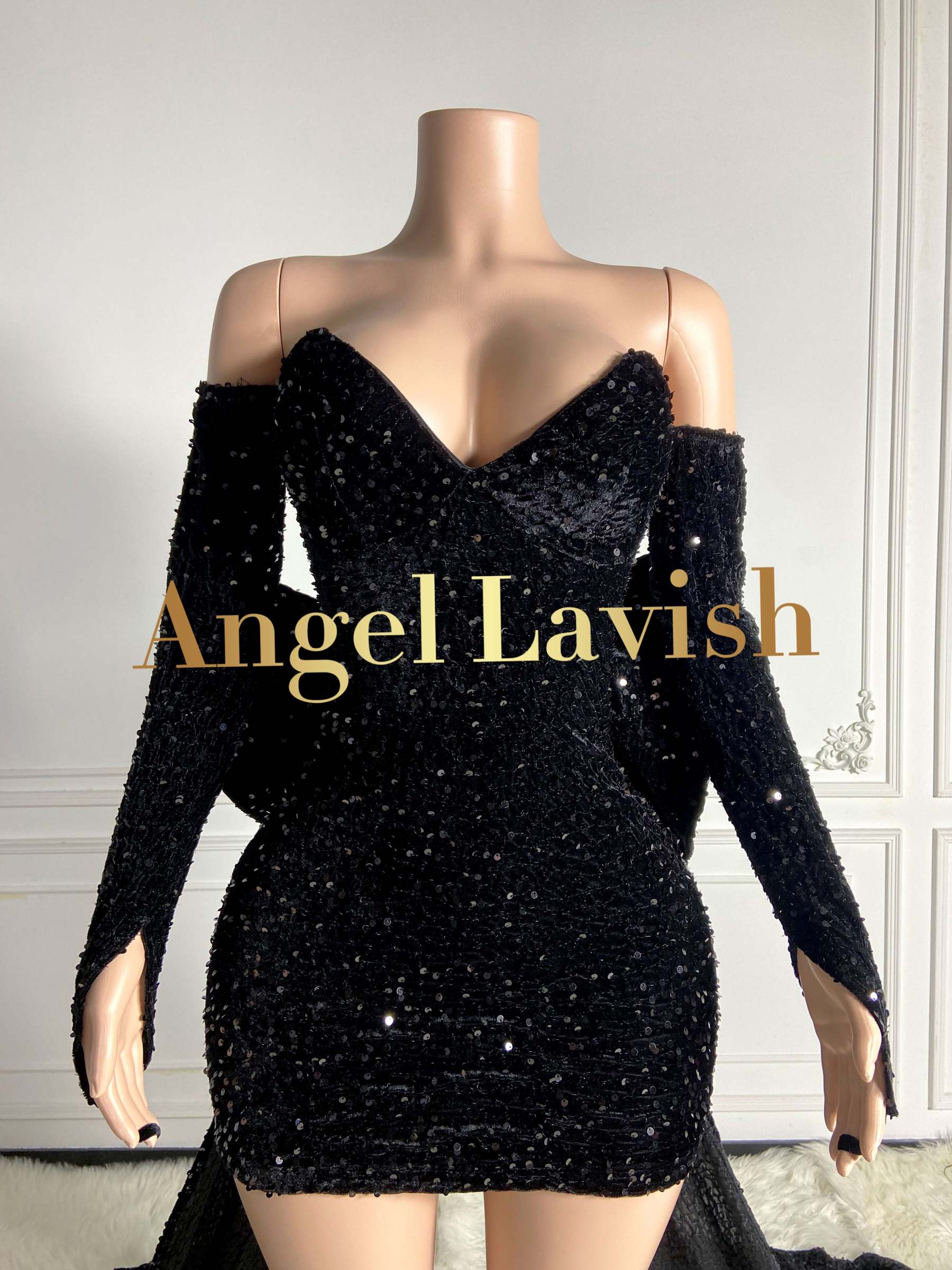 Black Sequined Mini Velvet Dress with Big Backend Bowknot