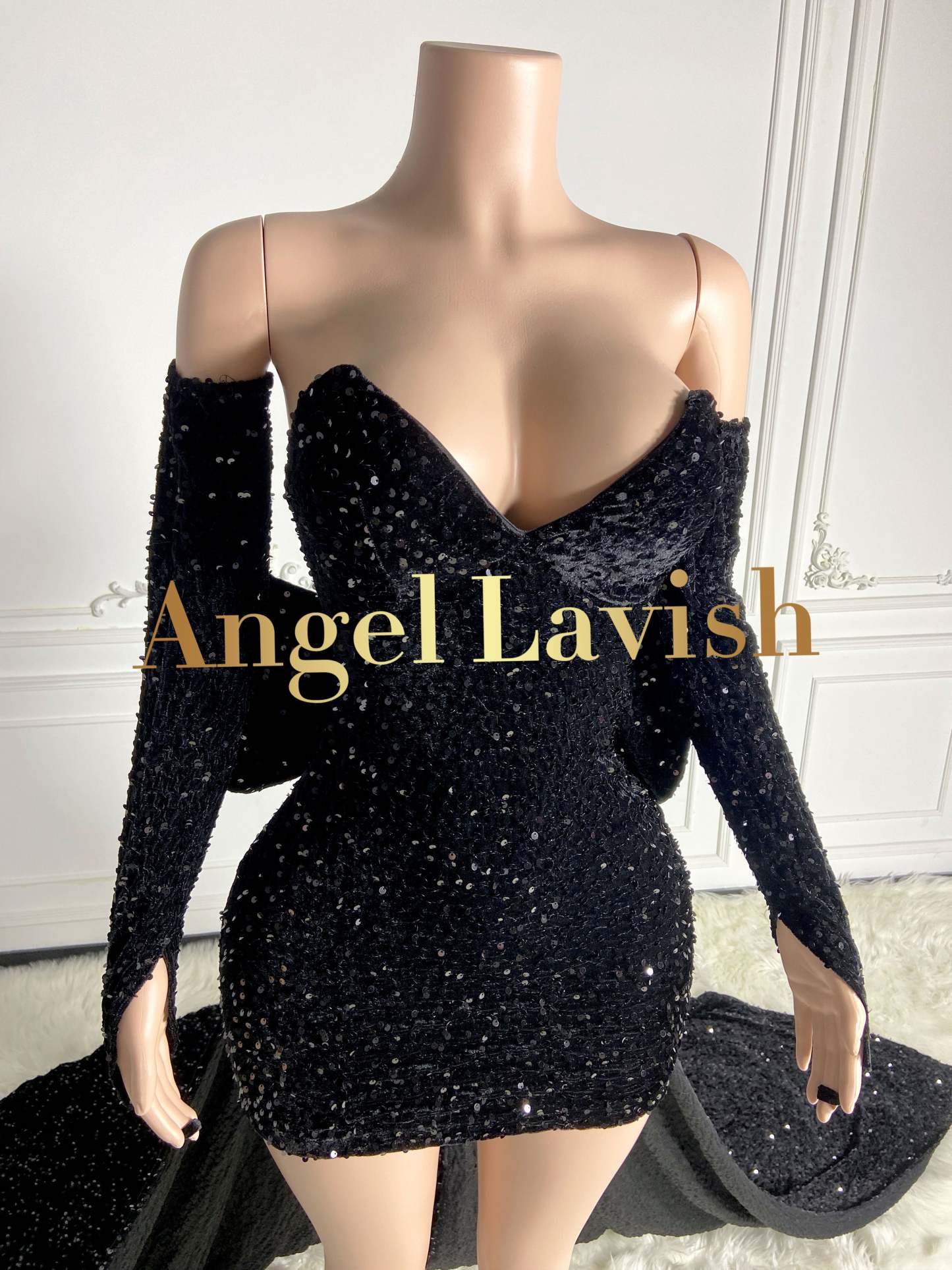 Black Sequined Mini Velvet Dress with Big Backend Bowknot