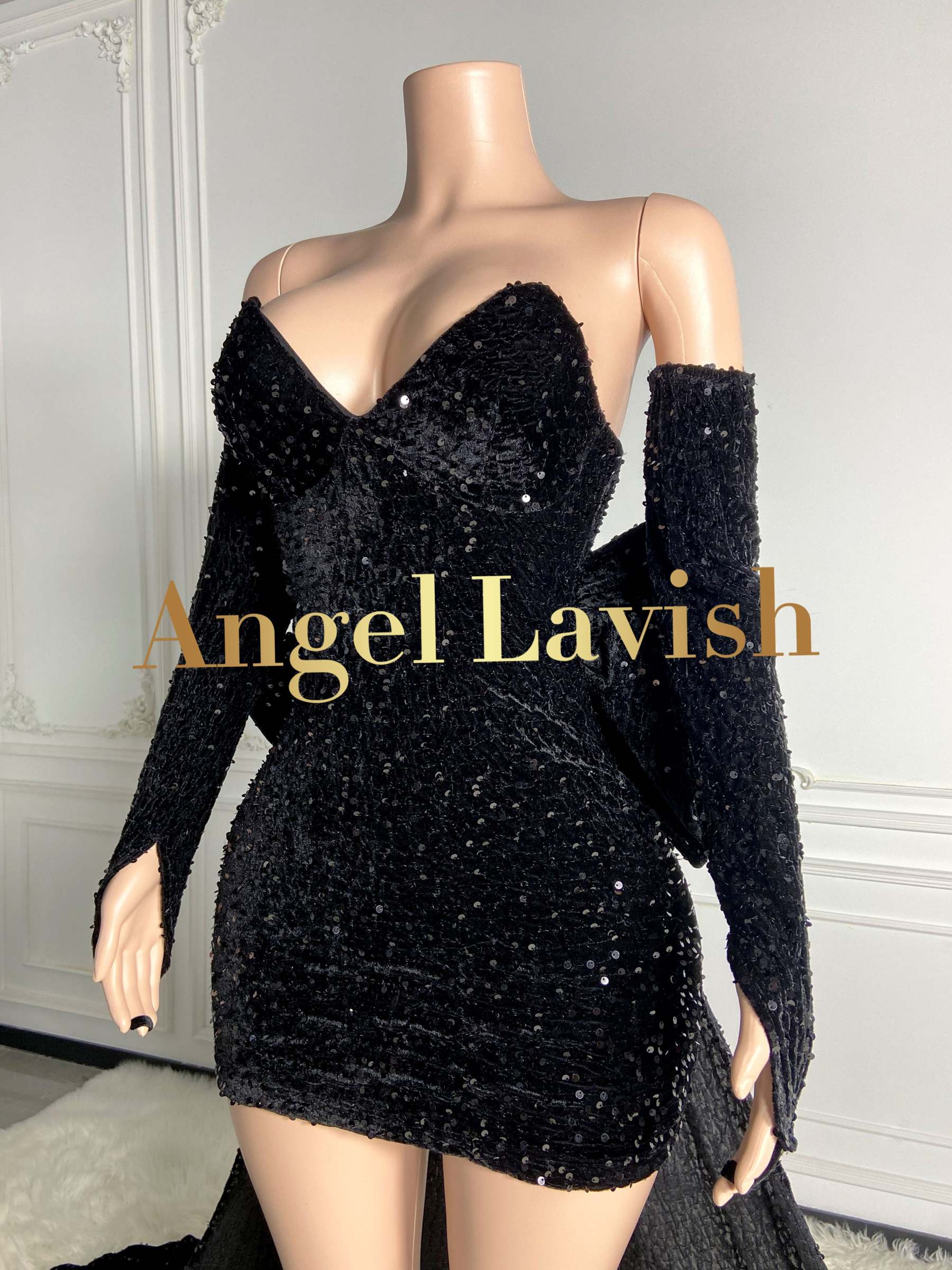 Black Sequined Mini Velvet Dress with Big Backend Bowknot