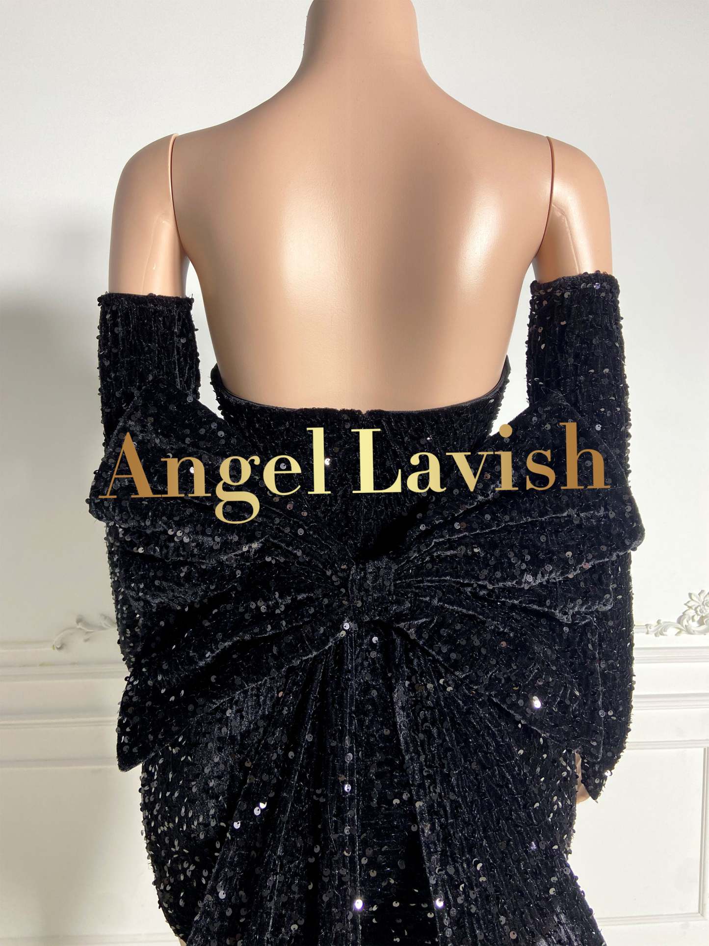 Black Sequined Mini Velvet Dress with Big Backend Bowknot
