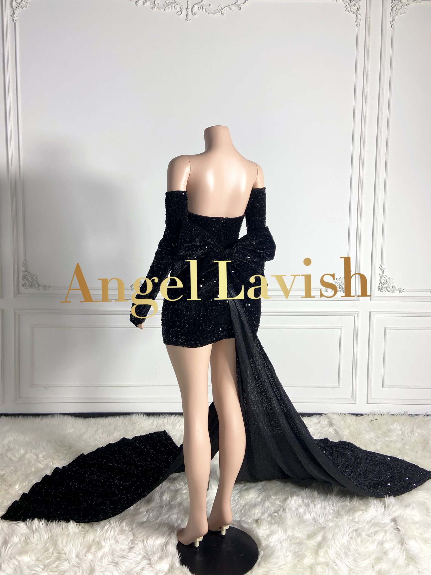 Black Sequined Mini Velvet Dress with Big Backend Bowknot