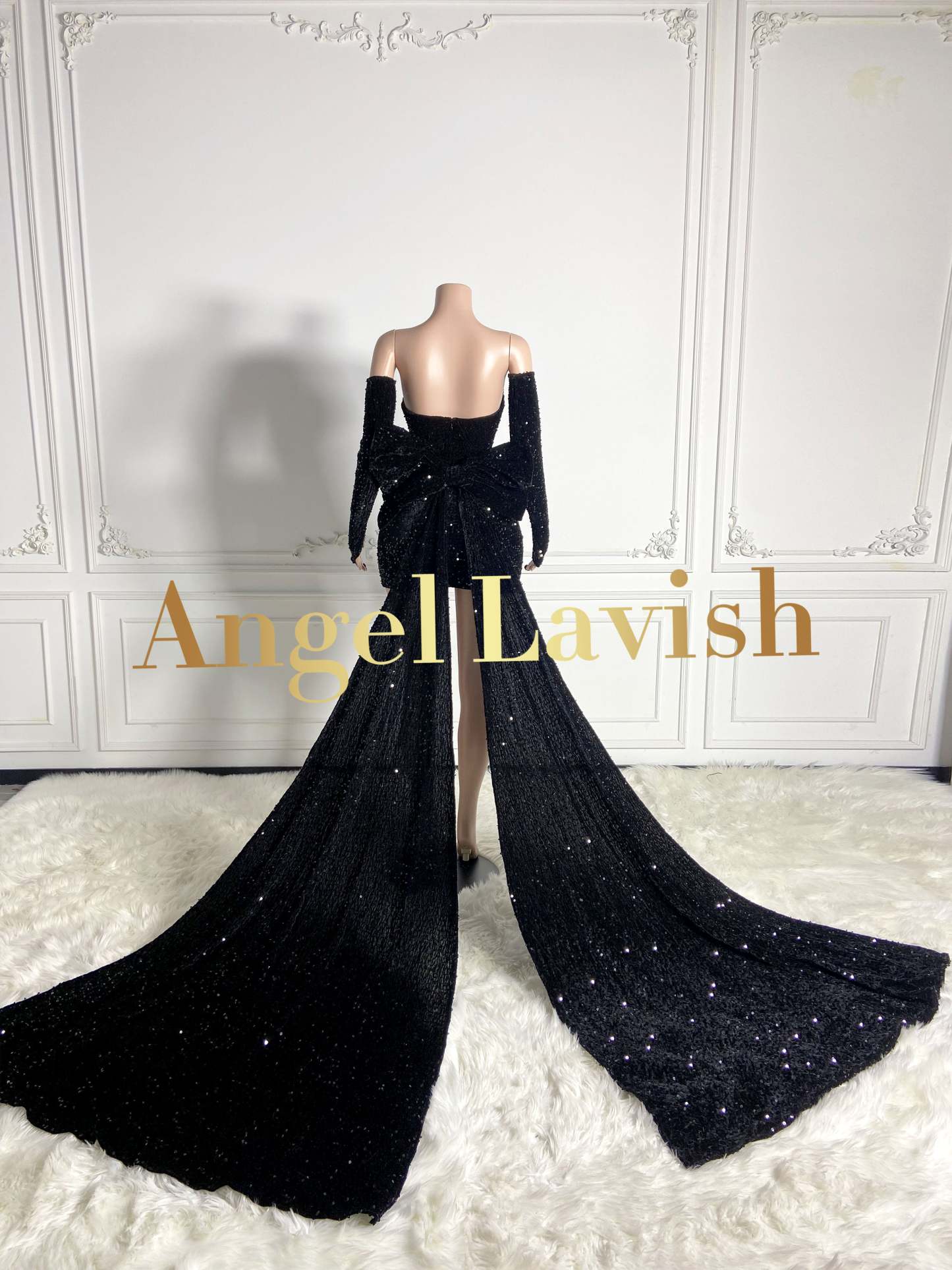 Black Sequined Mini Velvet Dress with Big Backend Bowknot