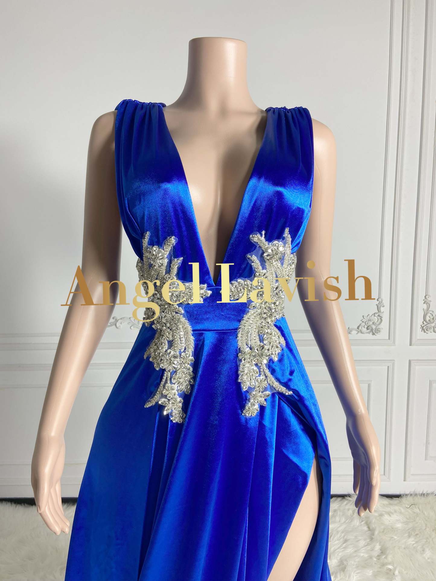 Royal Blue Low Cut Sleeveless Floral Maxi Dress Gown