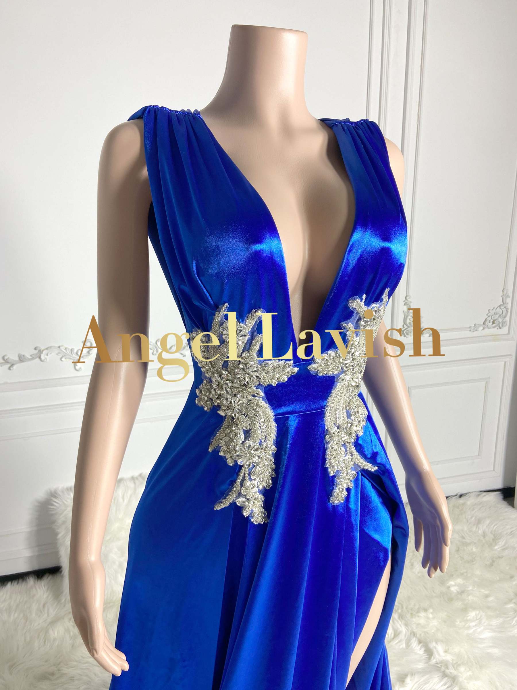 Royal Blue Low Cut Sleeveless Floral Maxi Dress Gown