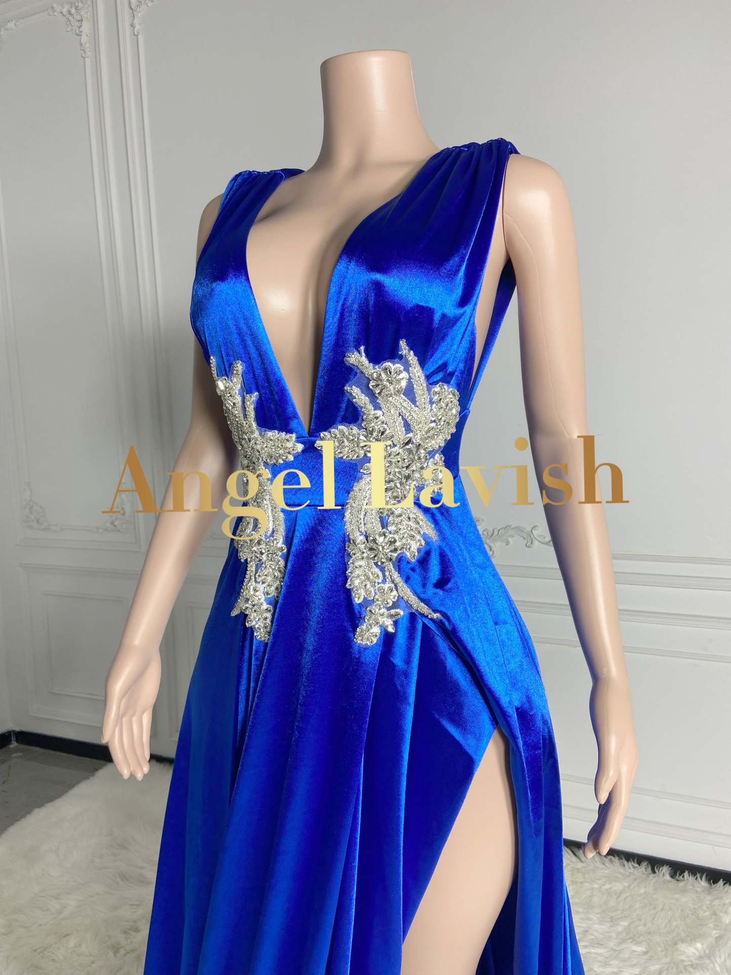 Royal Blue Low Cut Sleeveless Floral Maxi Dress Gown