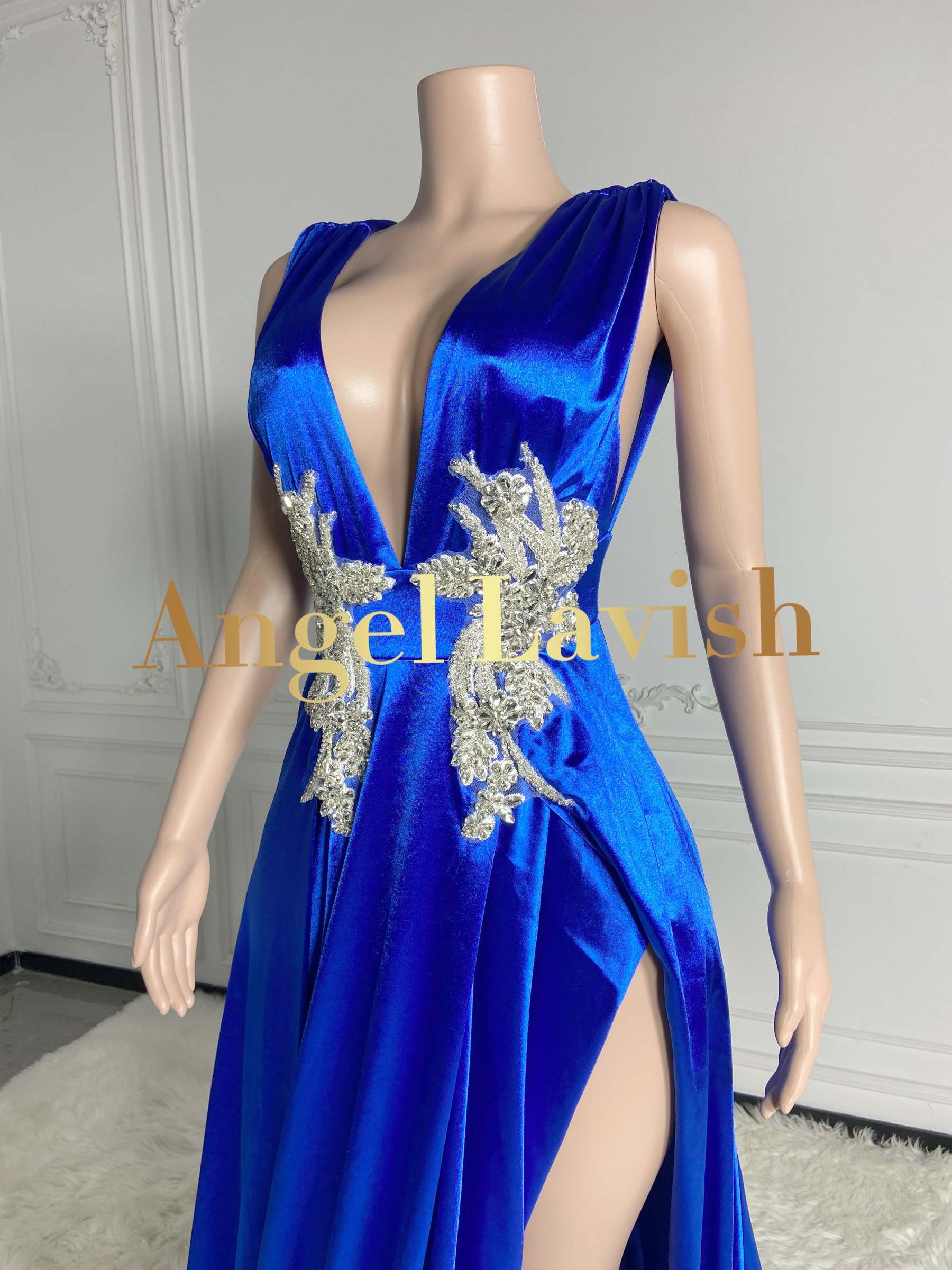 Royal Blue Low Cut Sleeveless Floral Maxi Dress Gown