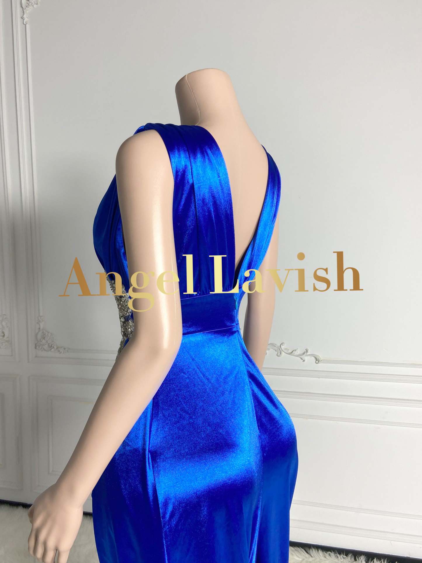 Royal Blue Low Cut Sleeveless Floral Maxi Dress Gown