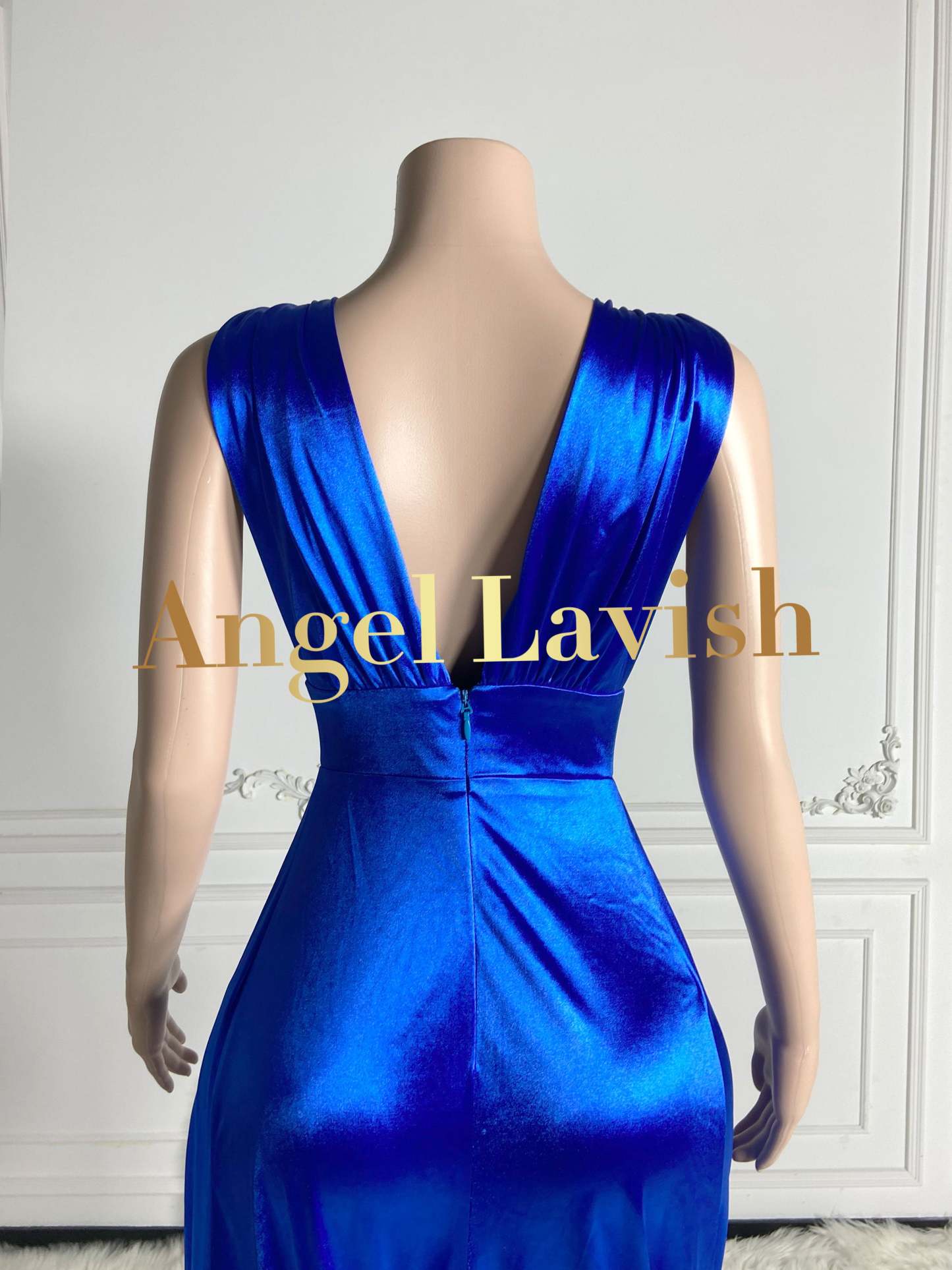 Royal Blue Low Cut Sleeveless Floral Maxi Dress Gown