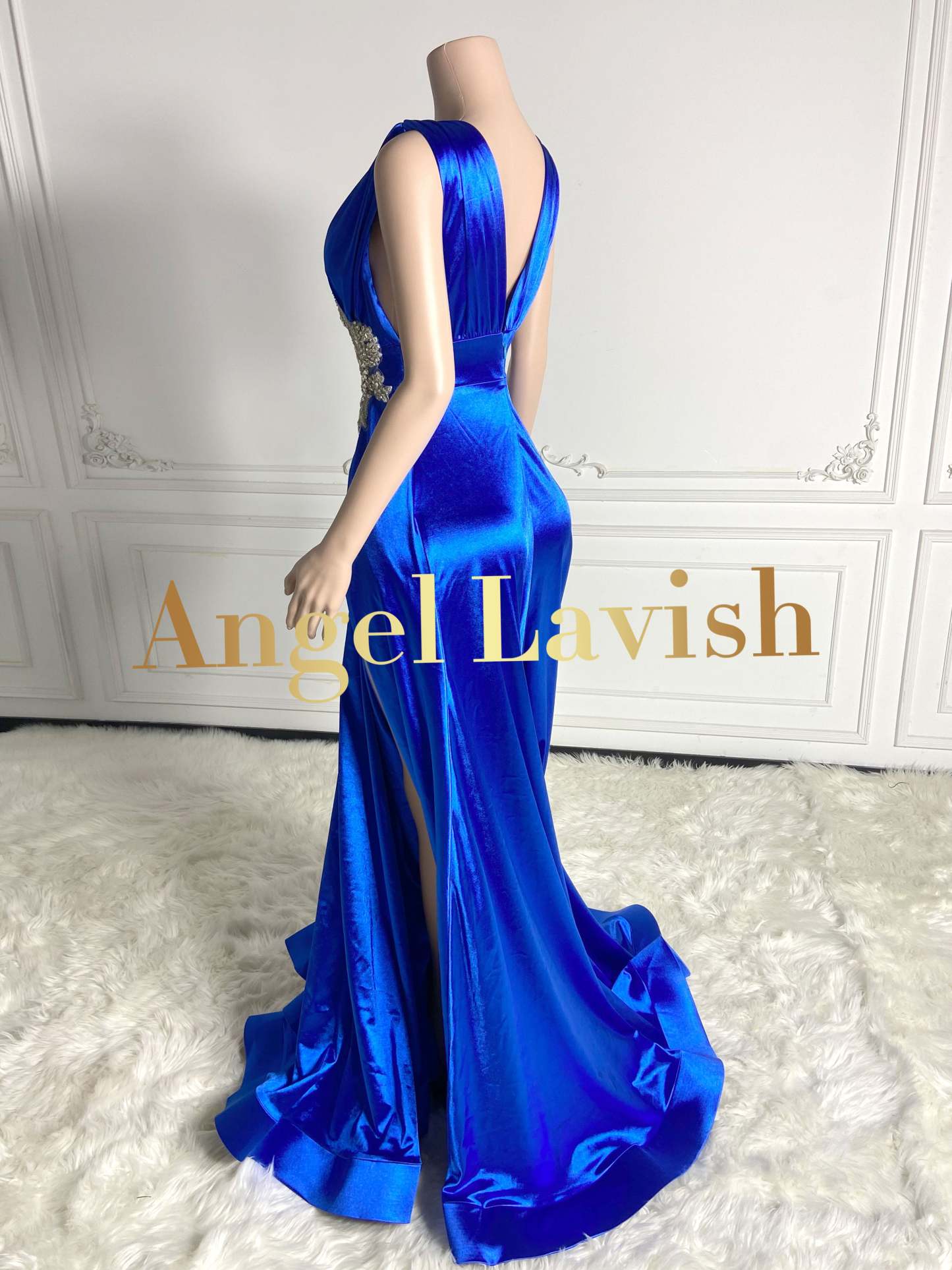 Royal Blue Low Cut Sleeveless Floral Maxi Dress Gown