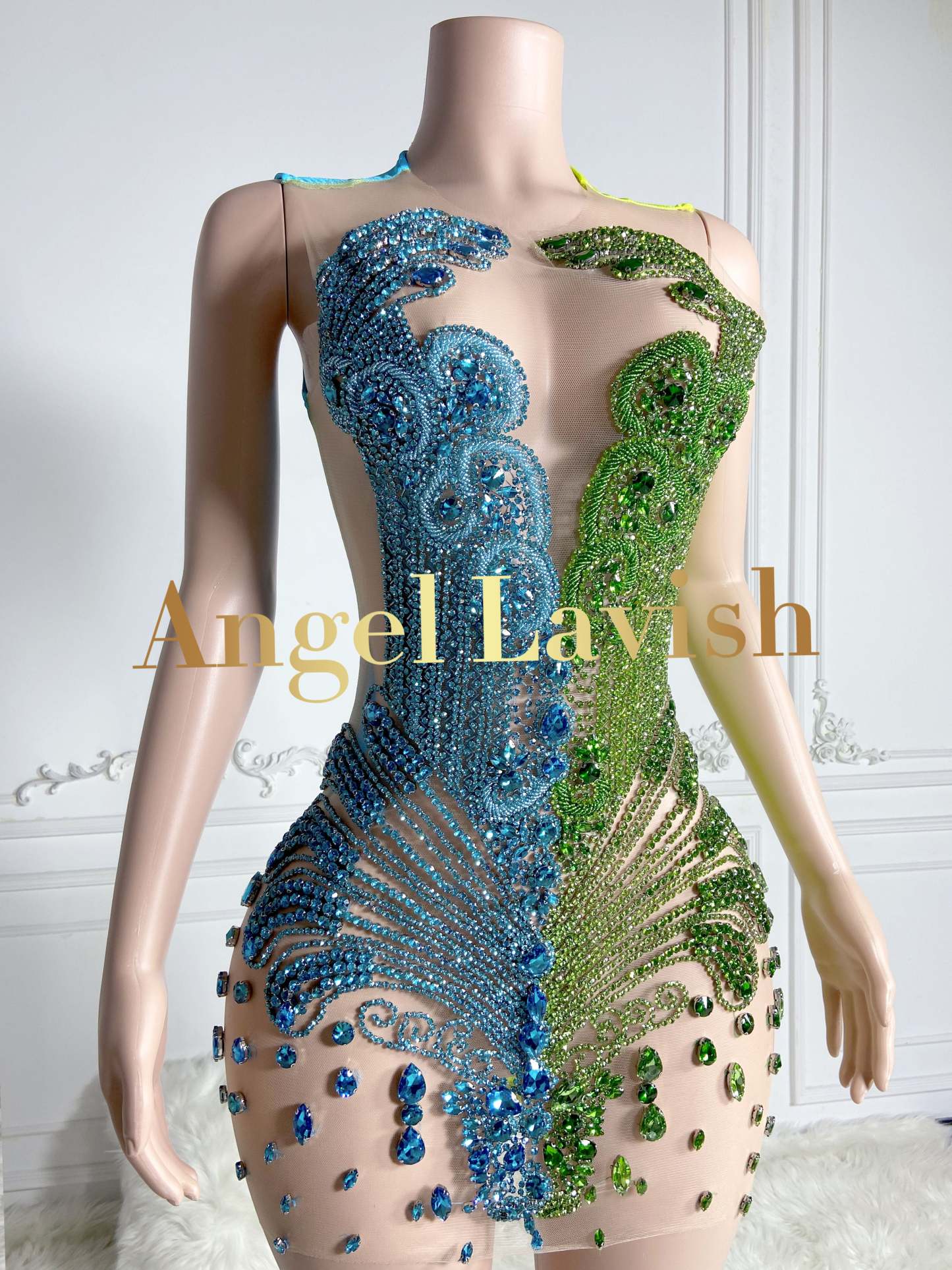 Green&Blue Sparkly Diamond Beaded Tussle Mini Dress
