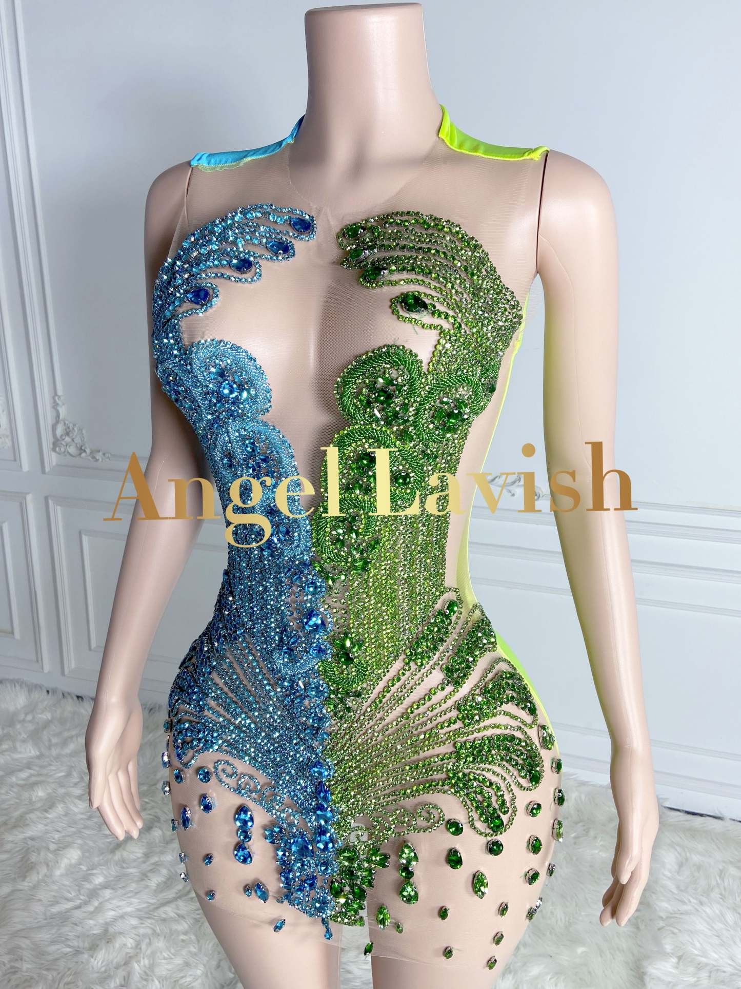 Green&Blue Sparkly Diamond Beaded Tussle Mini Dress