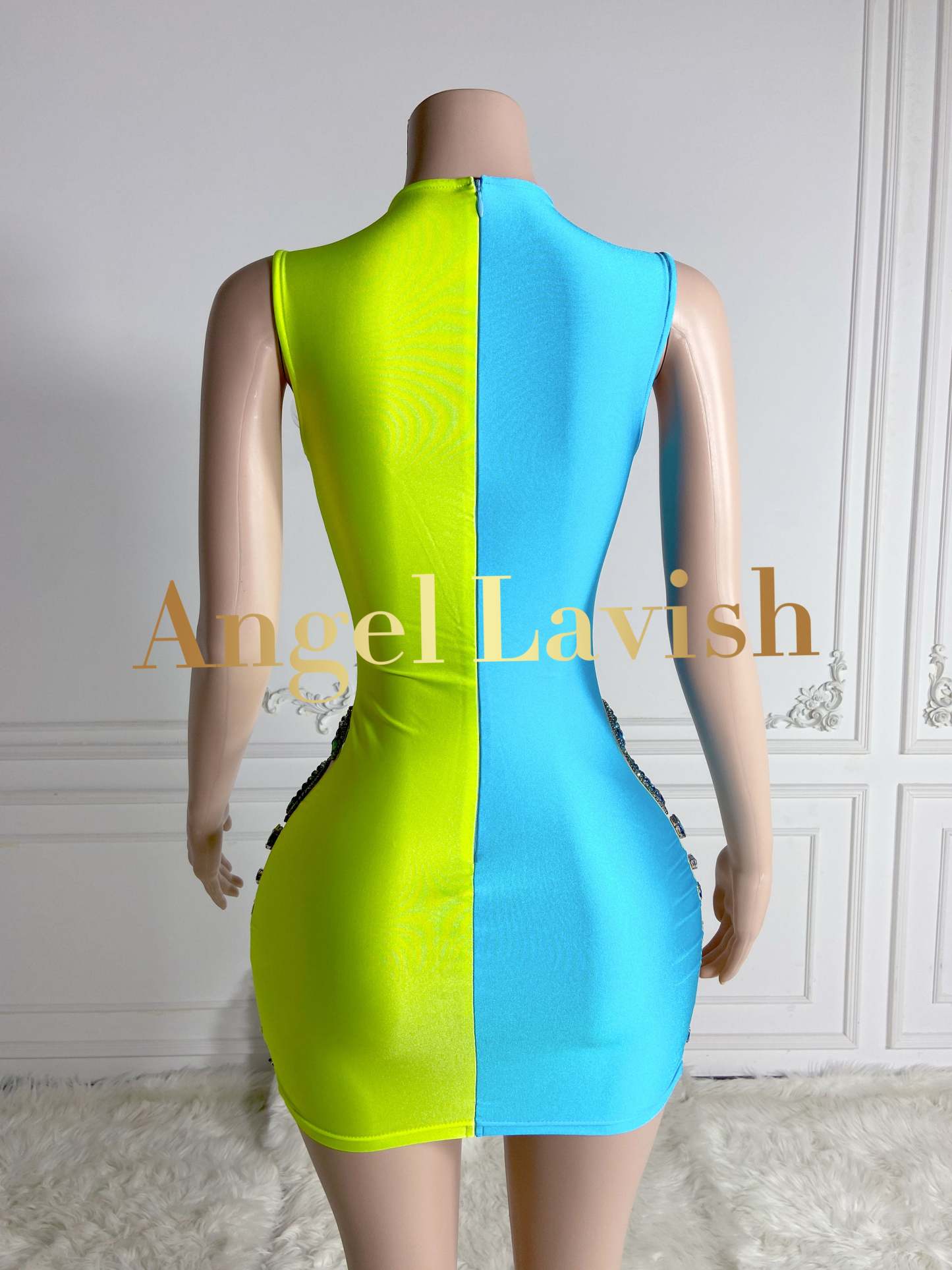 Green&Blue Sparkly Diamond Beaded Tussle Mini Dress