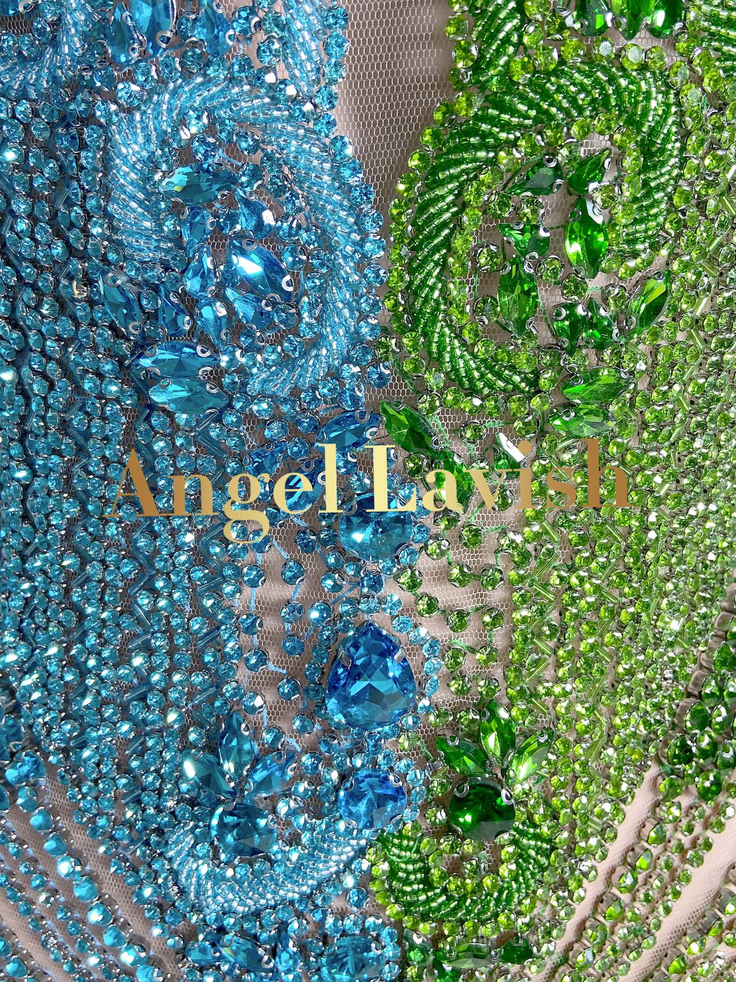 Green&Blue Sparkly Diamond Beaded Tussle Mini Dress