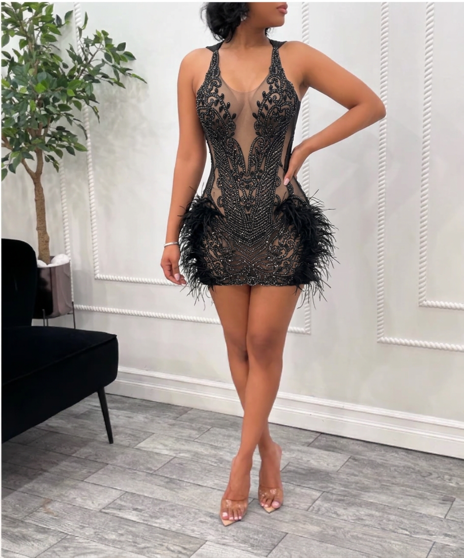 Black Feather Rhinestone Mini Dress