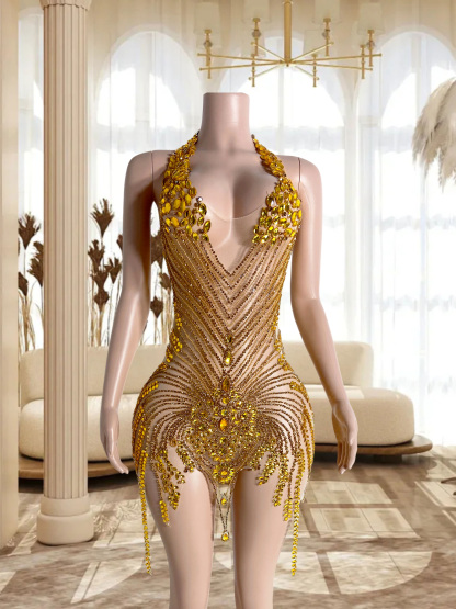 Radiant Gold Rhinestone Dress