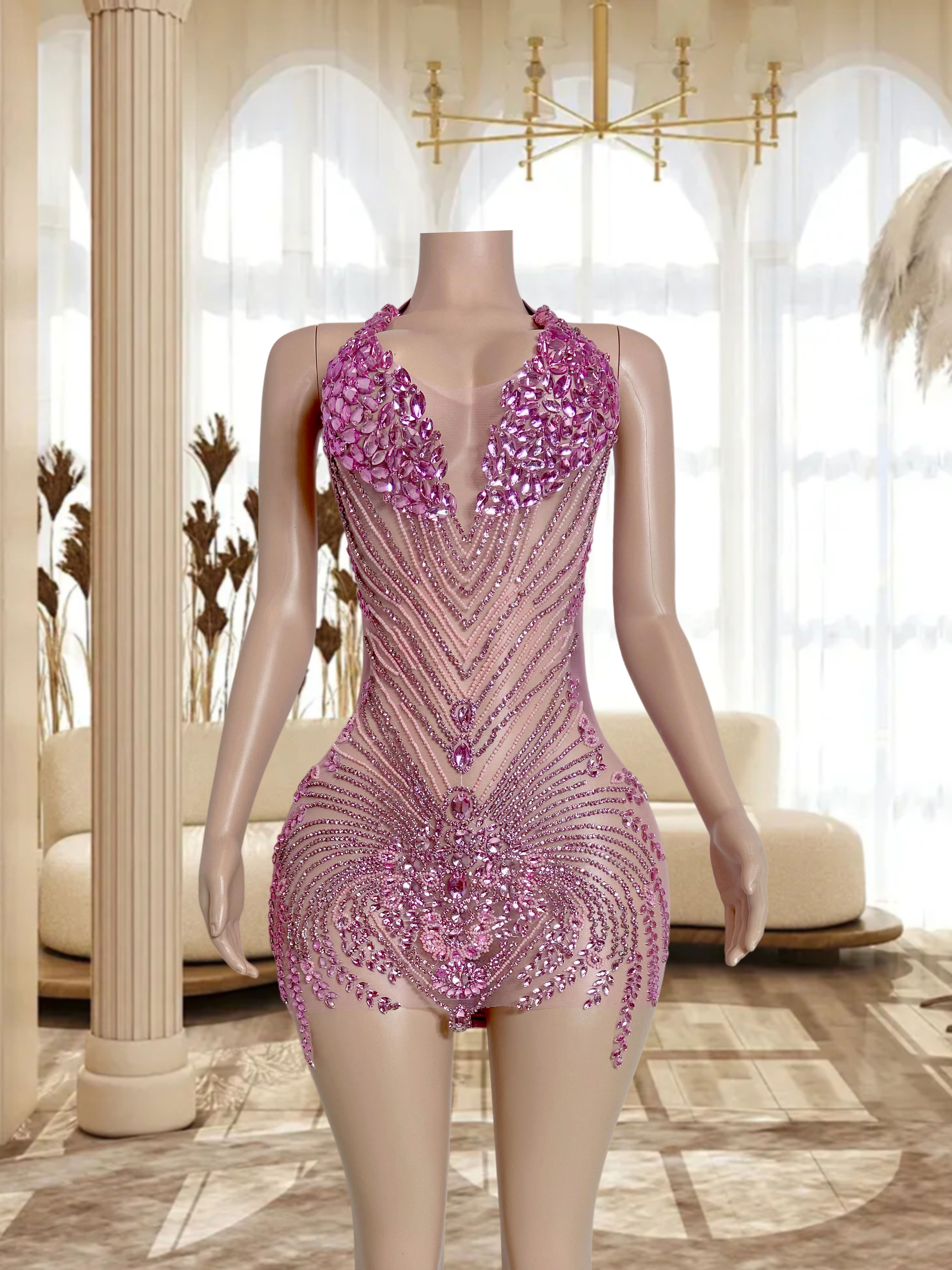 Rosy Glamour Rhinestone Dress