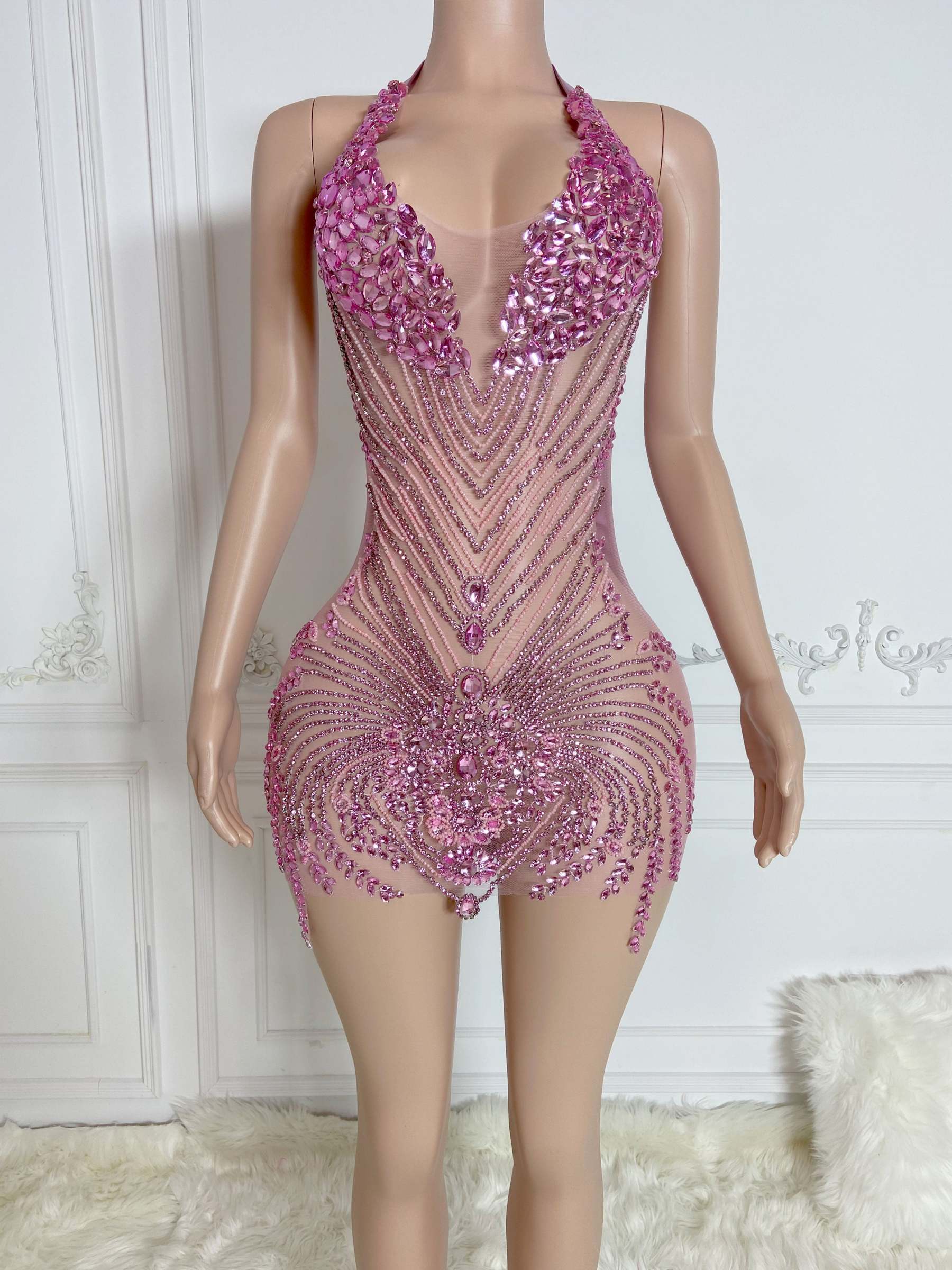Rosy Glamour Rhinestone Dress