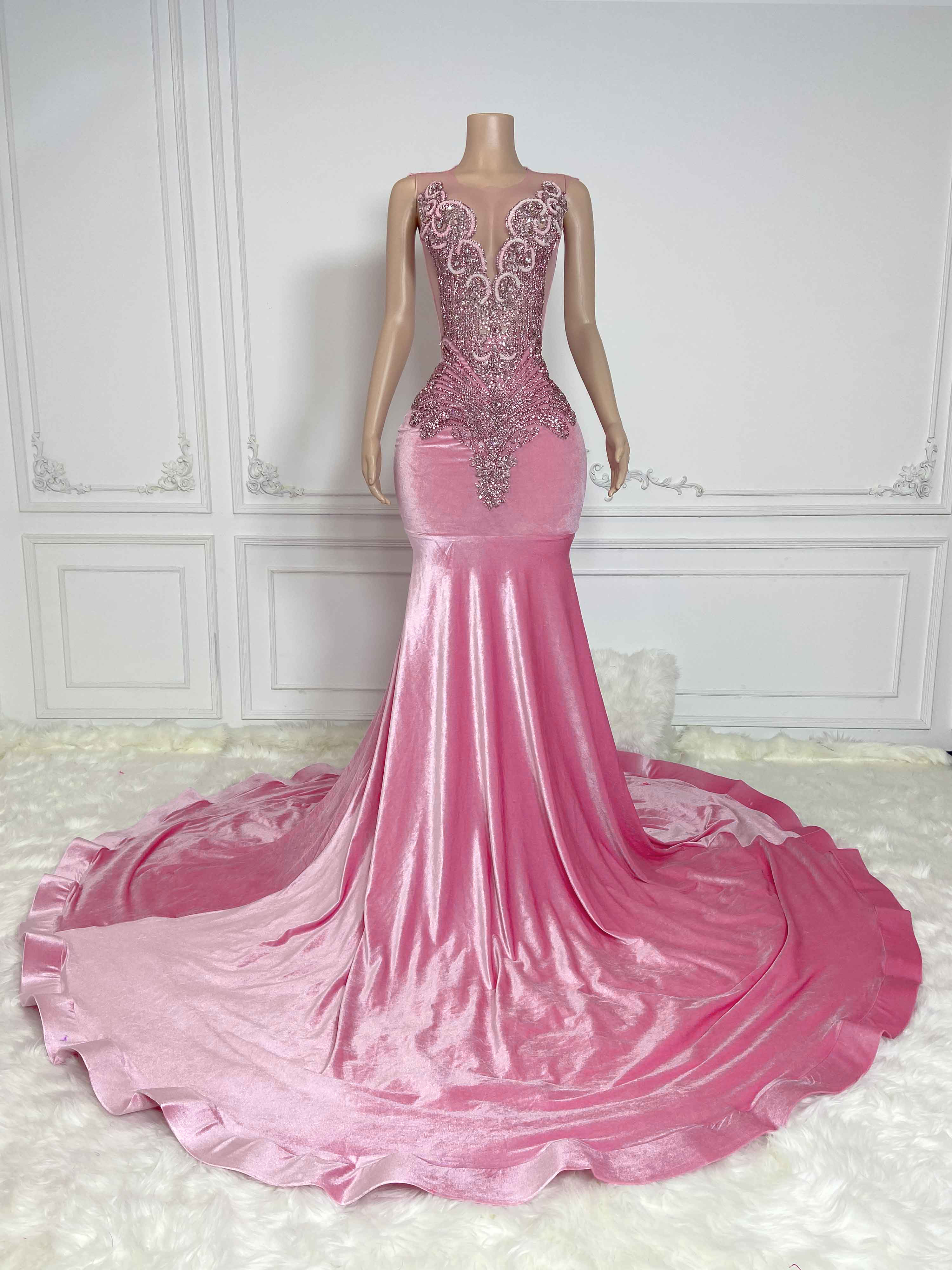 Pink Velvet Hollow Out and Rhinestone Sleeveless Maxi Gown