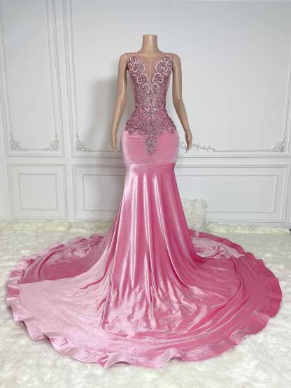 Pink Velvet Hollow Out and Rhinestone Sleeveless Maxi Gown