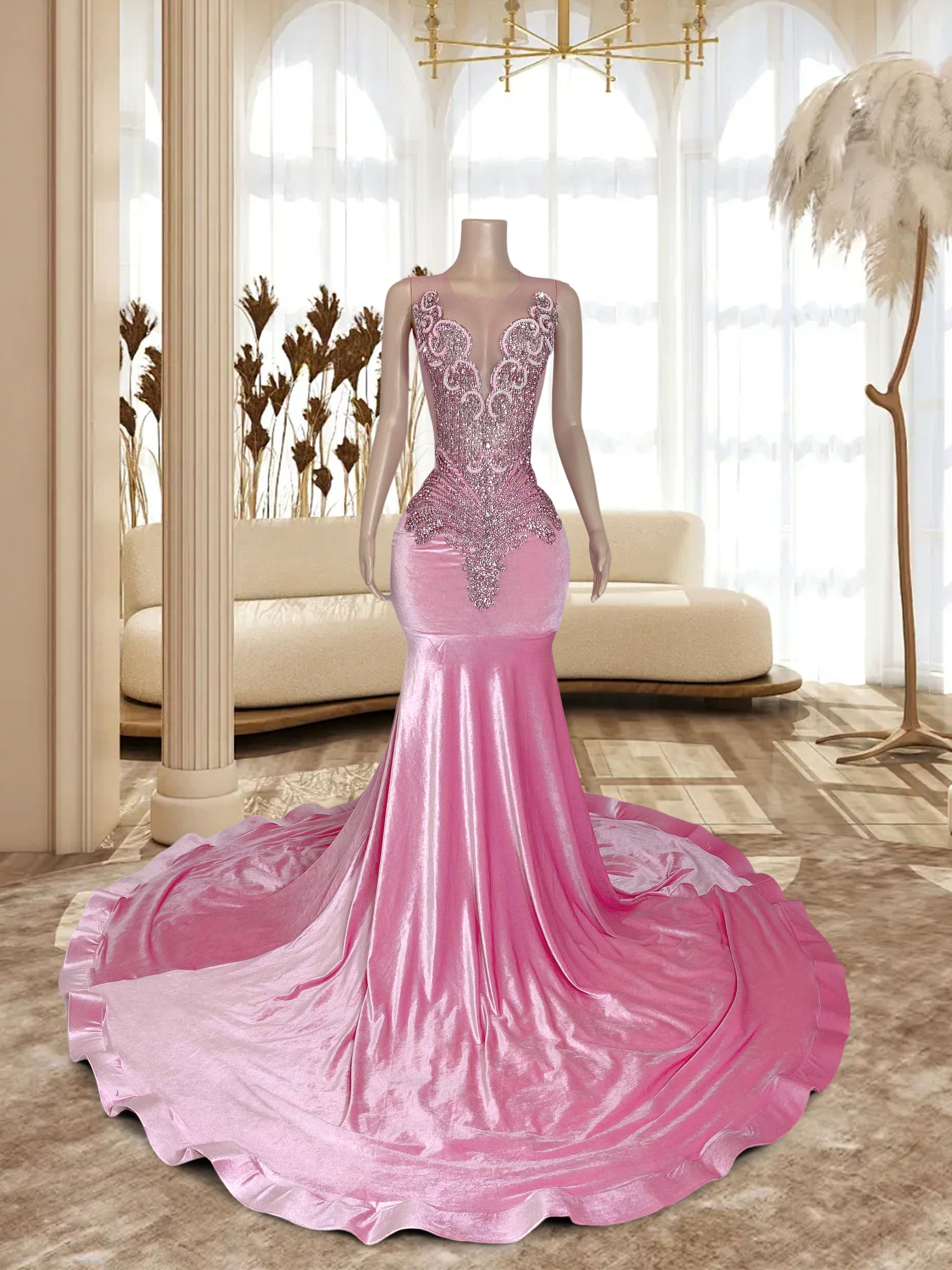 Pink Velvet Hollow Out and Rhinestone Sleeveless Maxi Gown