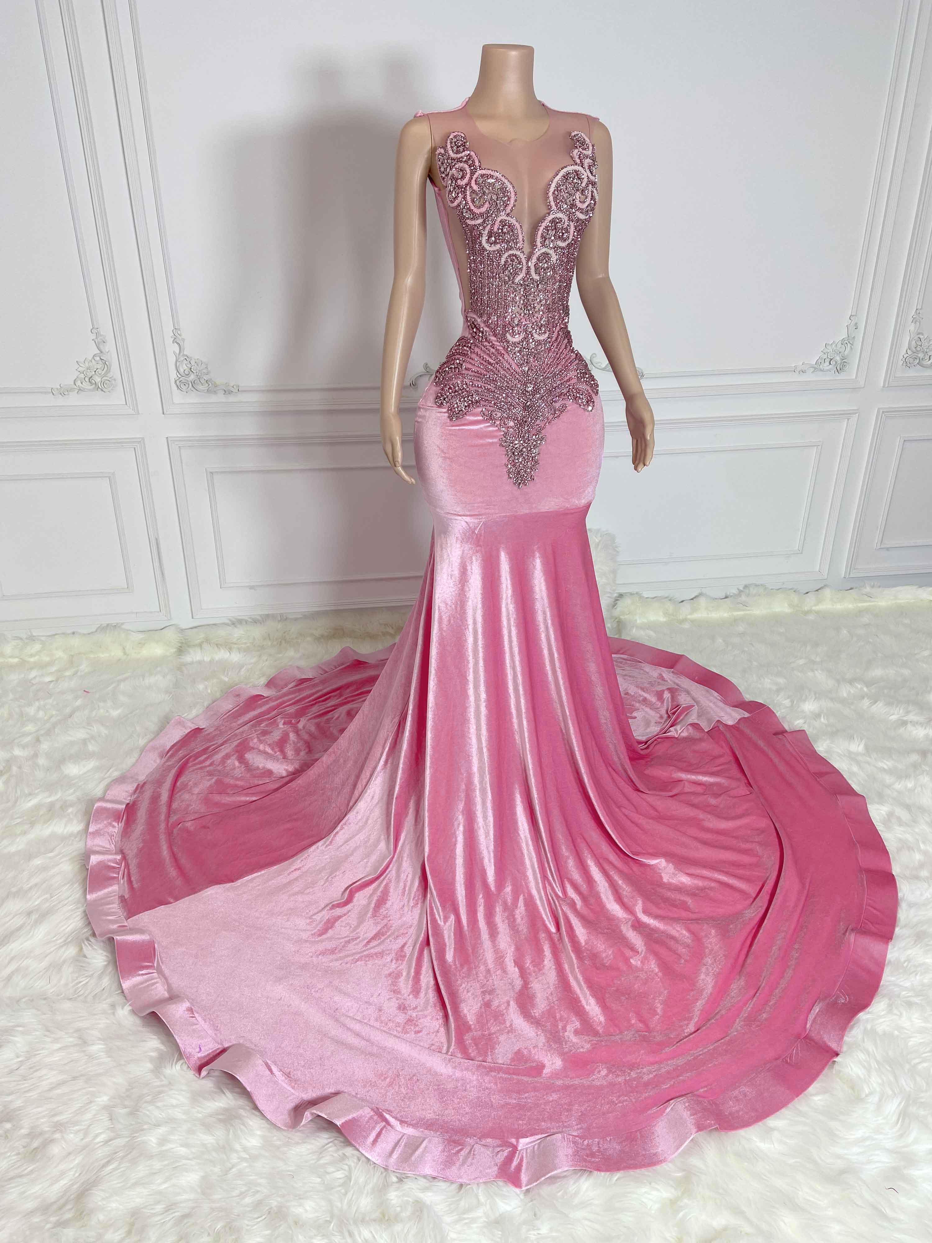 Pink Velvet Hollow Out and Rhinestone Sleeveless Maxi Gown