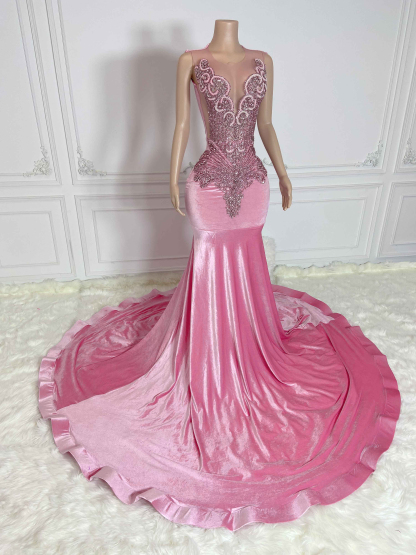 Pink Velvet Hollow Out and Rhinestone Sleeveless Maxi Gown
