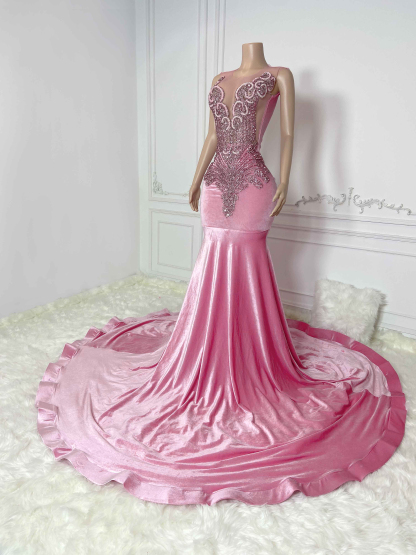 Pink Velvet Hollow Out and Rhinestone Sleeveless Maxi Gown