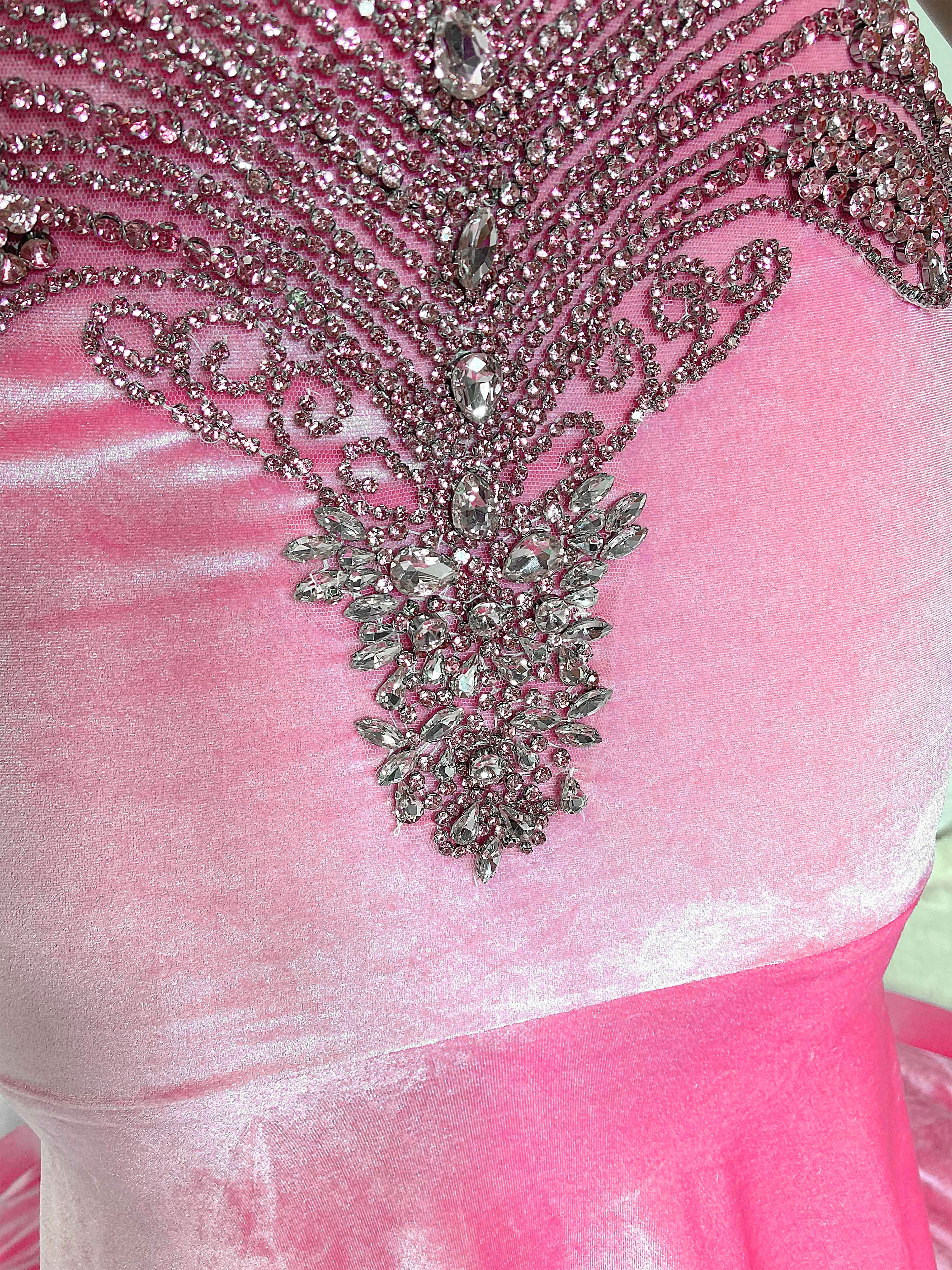Pink Velvet Hollow Out and Rhinestone Sleeveless Maxi Gown
