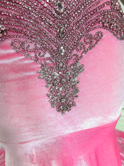 Pink Velvet Hollow Out and Rhinestone Sleeveless Maxi Gown