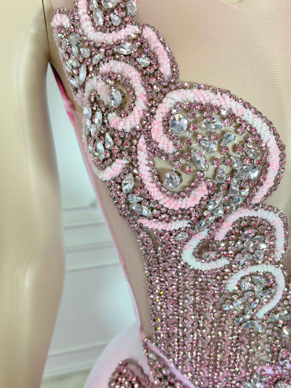 Pink Velvet Hollow Out and Rhinestone Sleeveless Maxi Gown