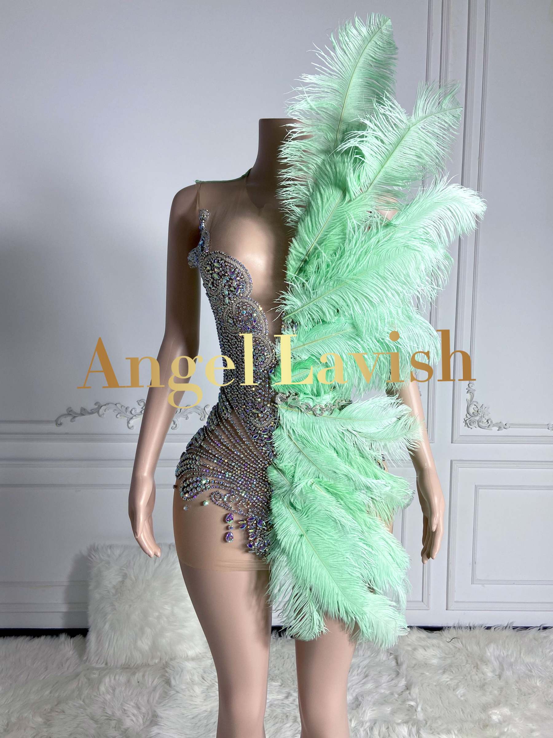 Chic Crystal Feather Mini Dress Light Green