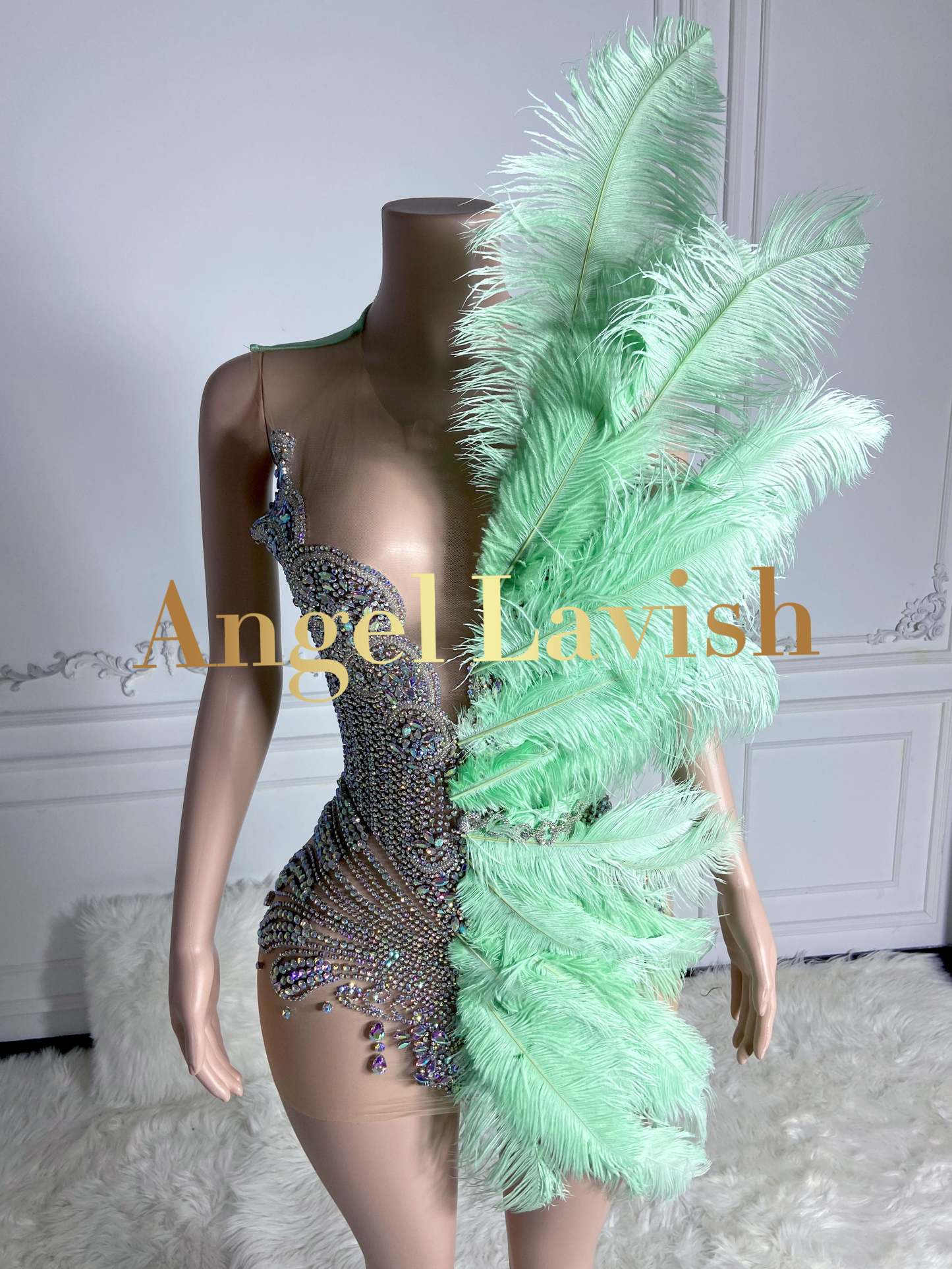 Chic Crystal Feather Mini Dress Light Green