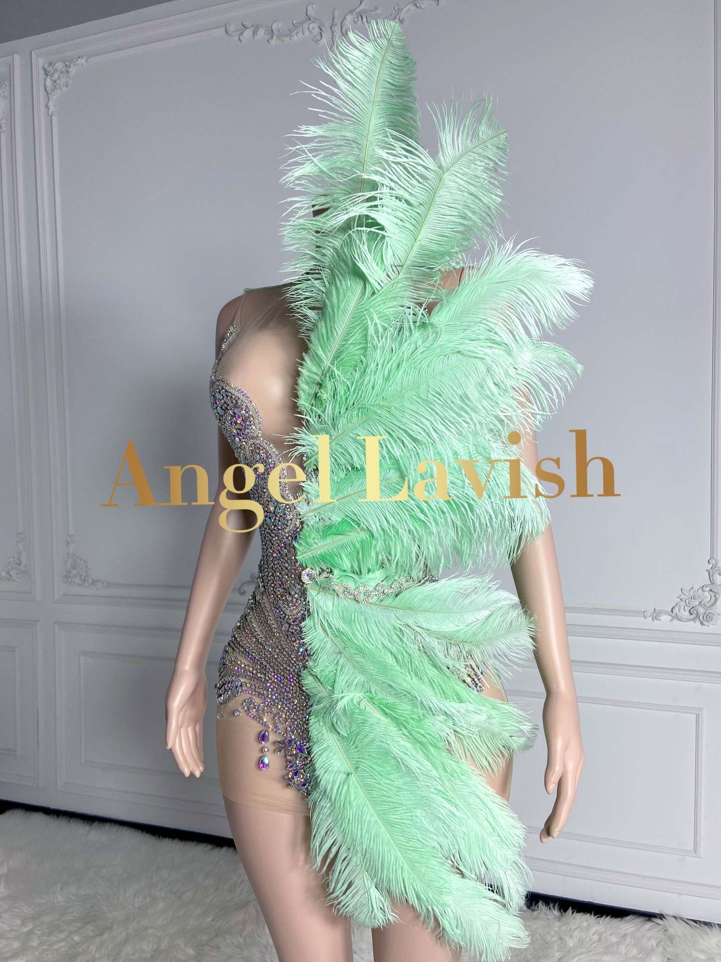 Chic Crystal Feather Mini Dress Light Green