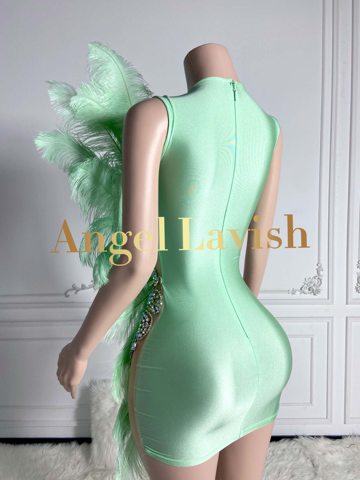 Chic Crystal Feather Mini Dress Light Green