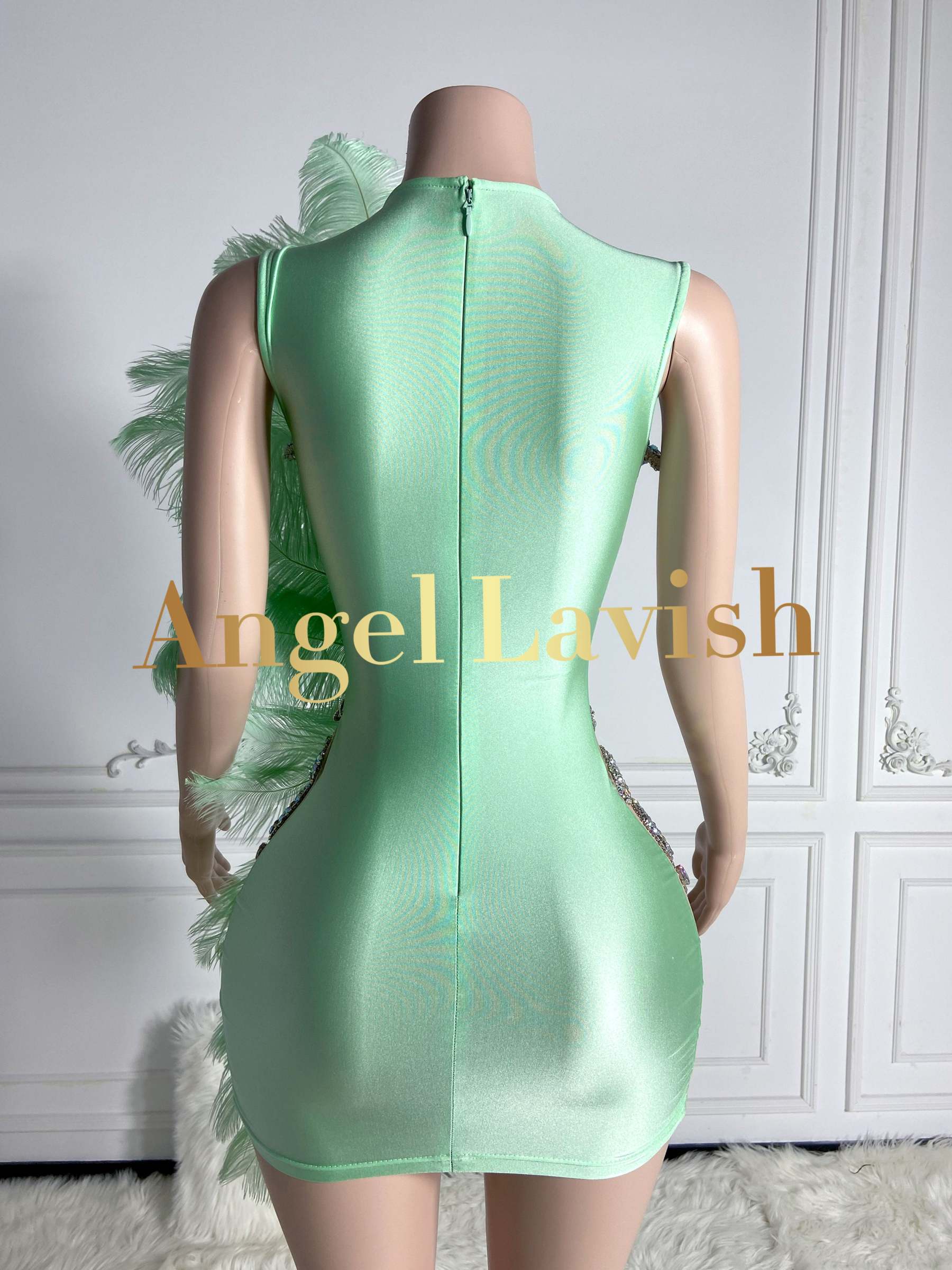 Chic Crystal Feather Mini Dress Light Green