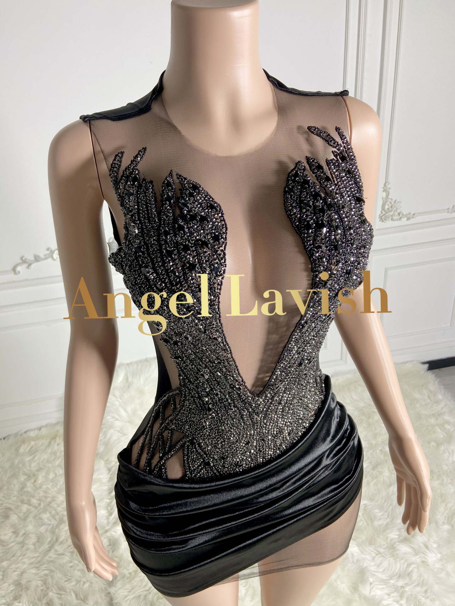Classic Black Deep-V Neck Beaded Mini Satin Dress