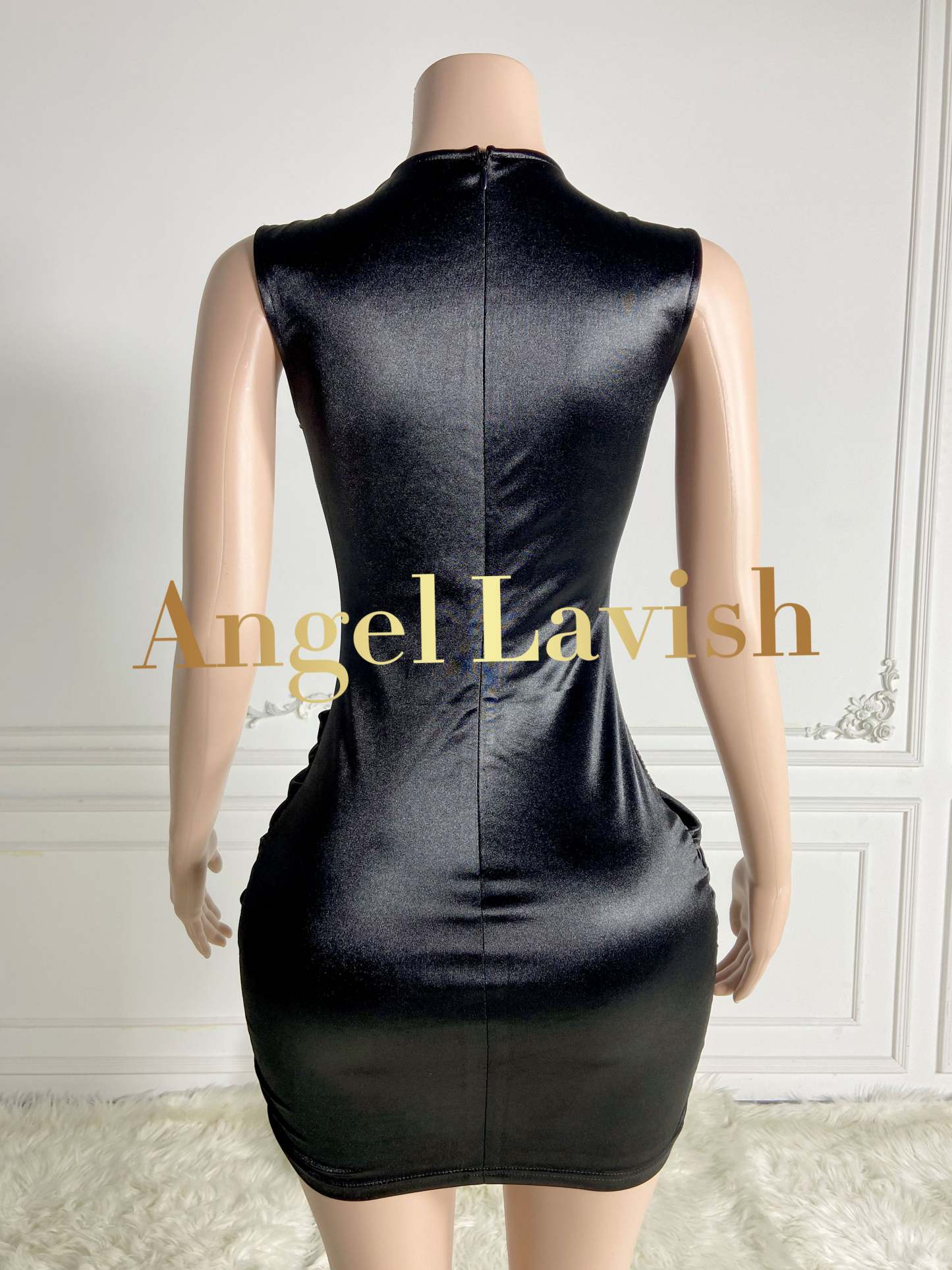 Classic Black Deep-V Neck Beaded Mini Satin Dress