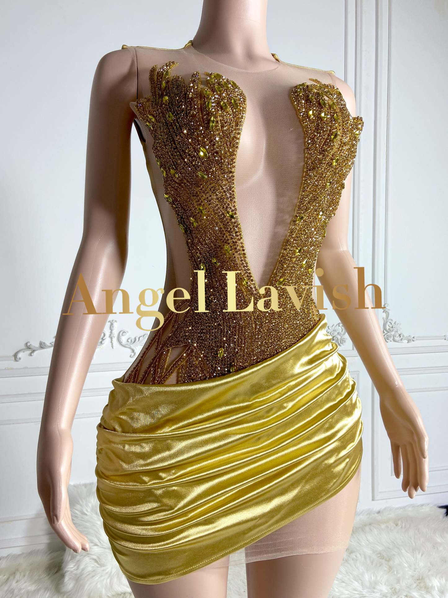 Dazzling Gold Deep-V Neck Beaded Mini Satin Dress