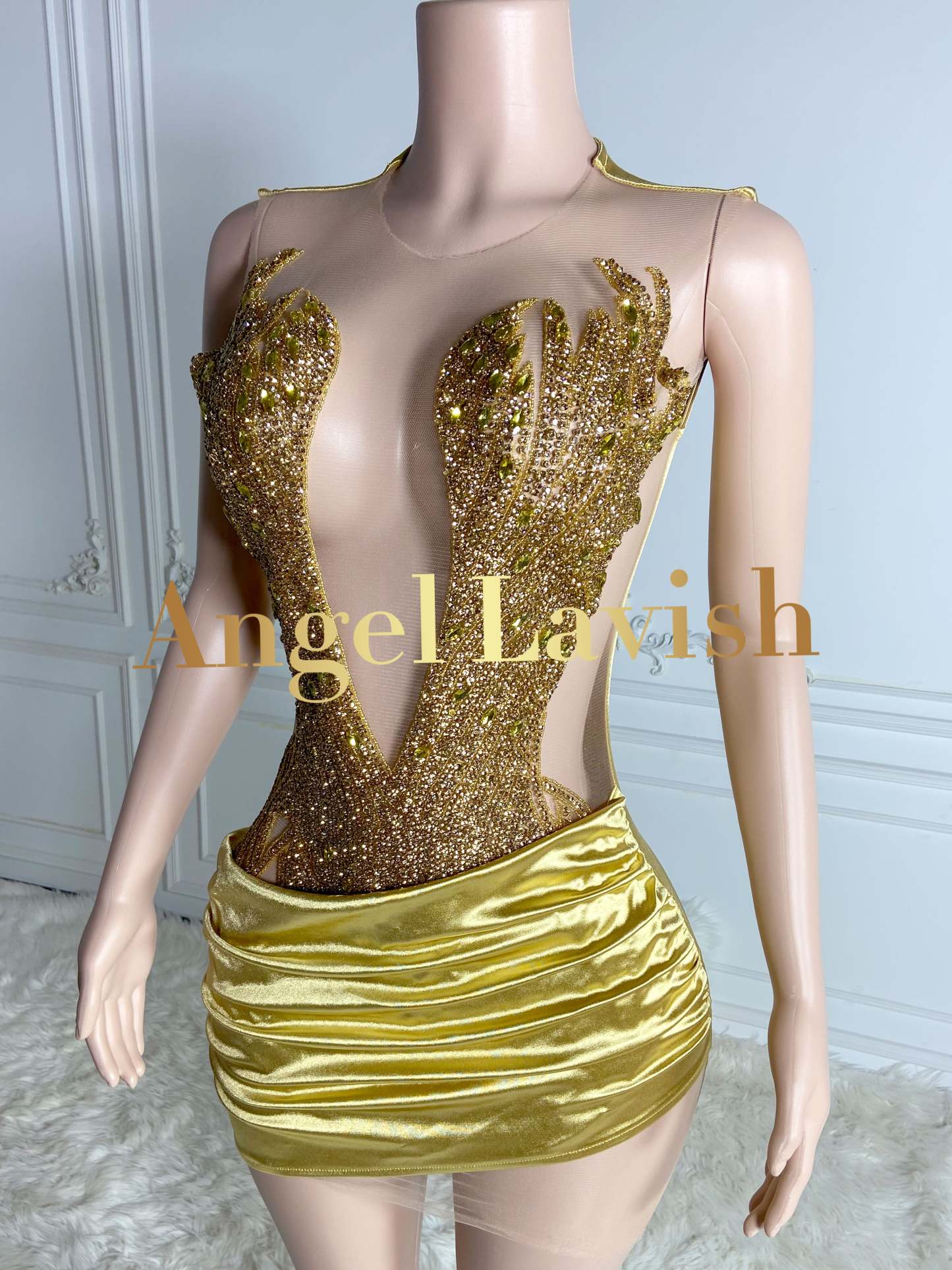 Dazzling Gold Deep-V Neck Beaded Mini Satin Dress