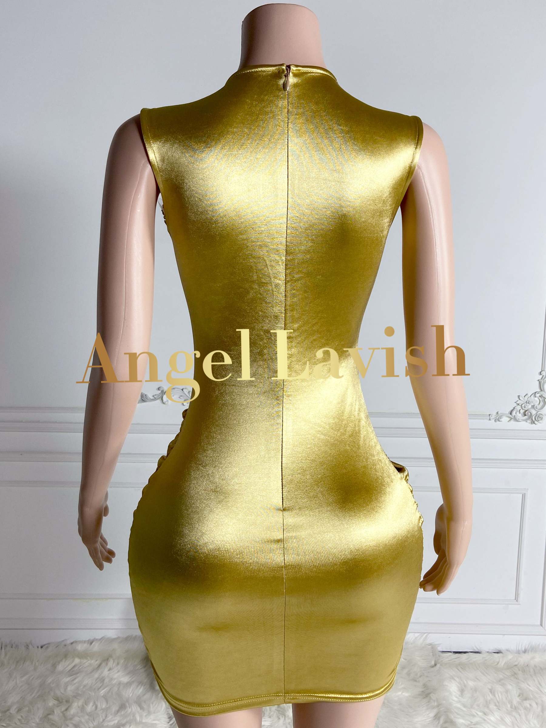 Dazzling Gold Deep-V Neck Beaded Mini Satin Dress