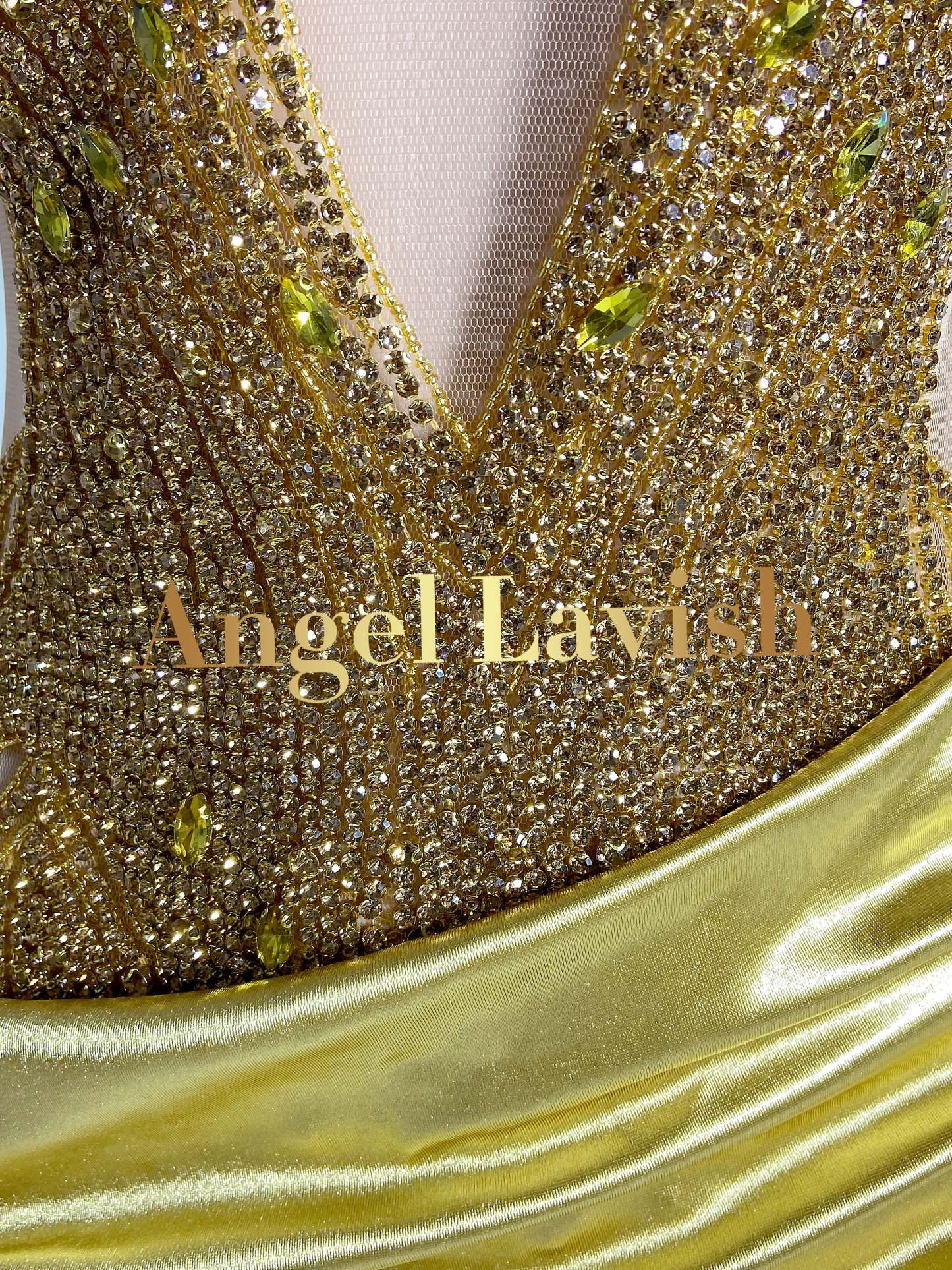 Dazzling Gold Deep-V Neck Beaded Mini Satin Dress