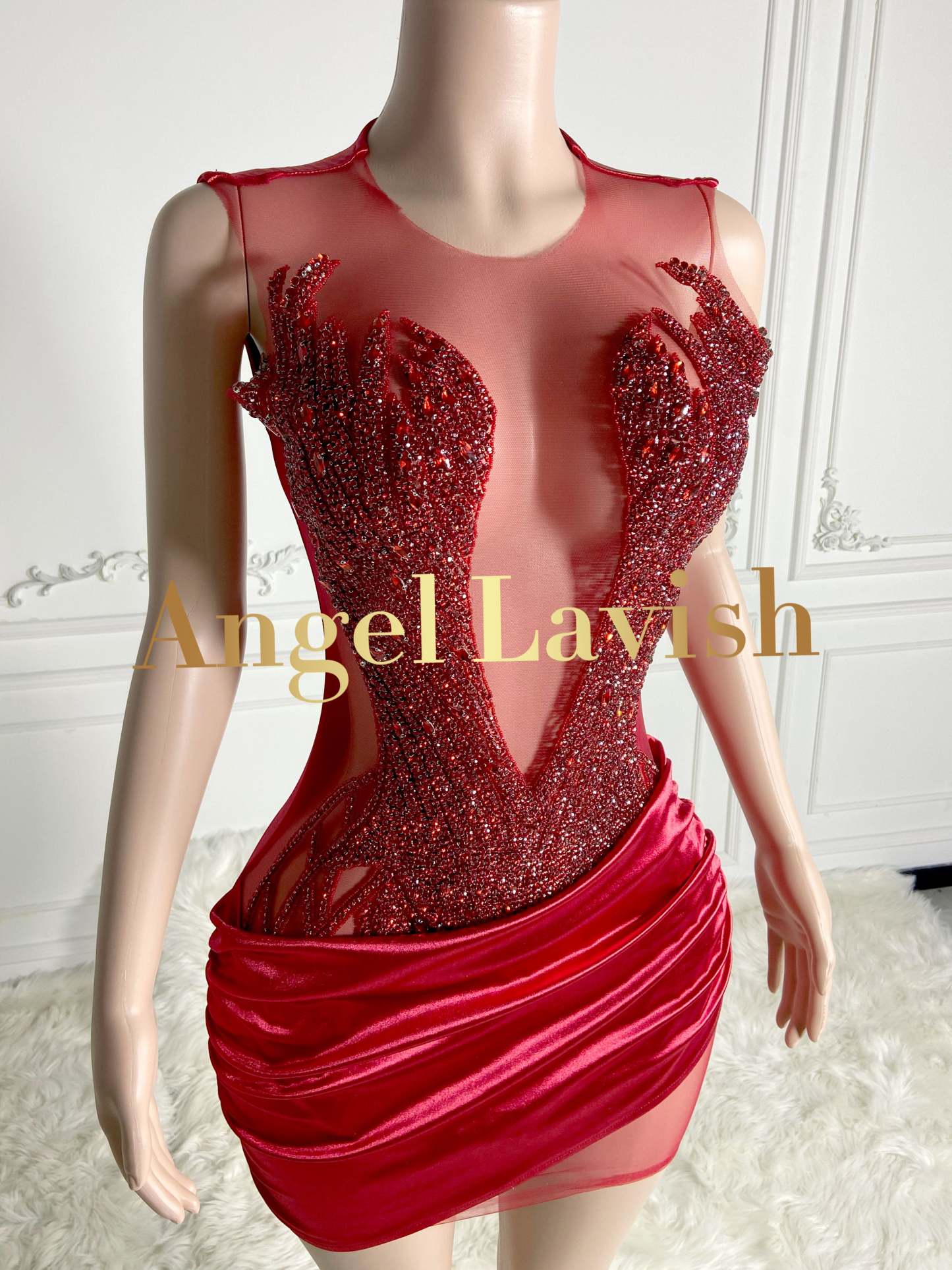 Bold Red Deep-V Neck Beaded Mini Satin Dress