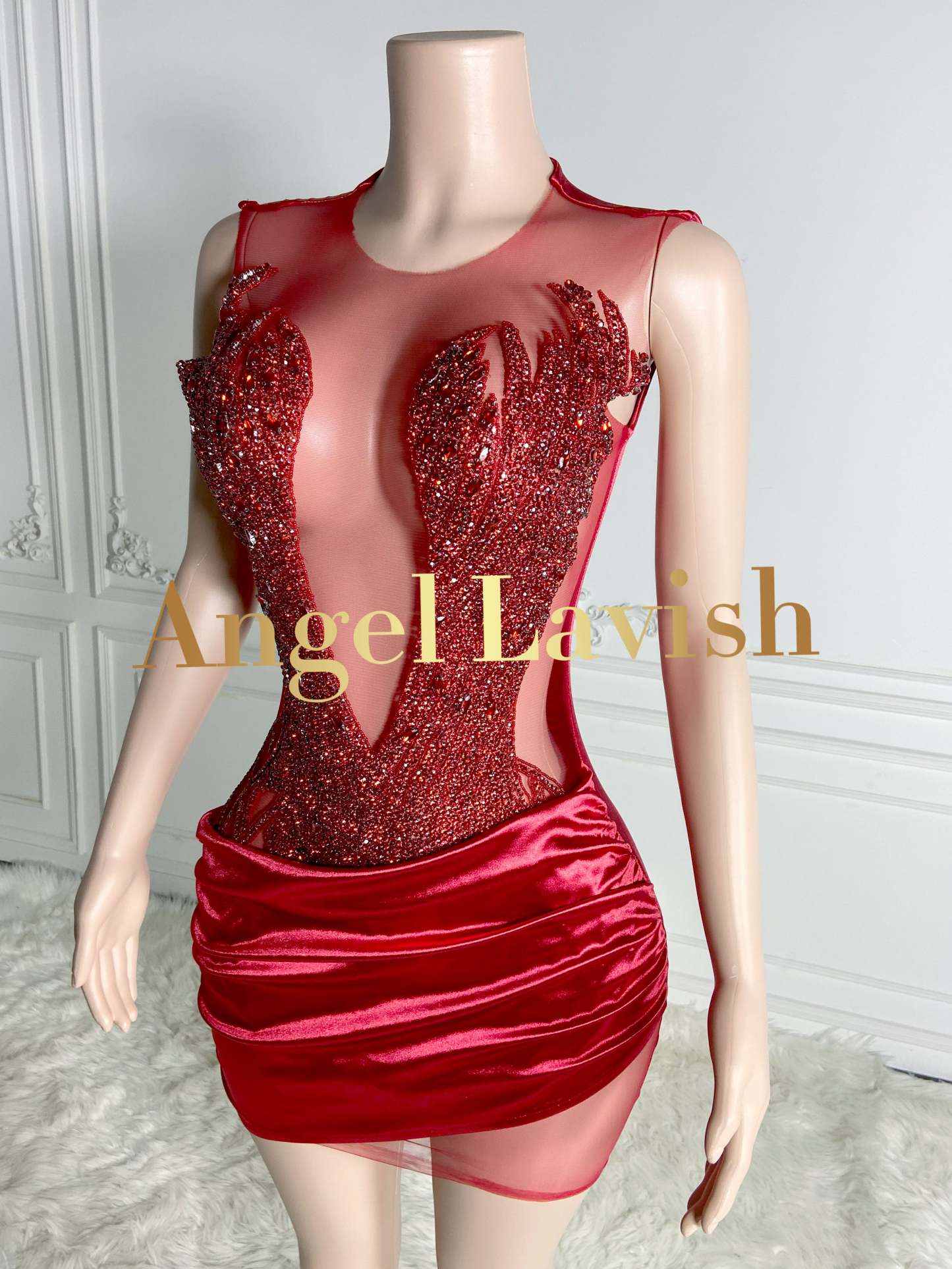 Bold Red Deep-V Neck Beaded Mini Satin Dress