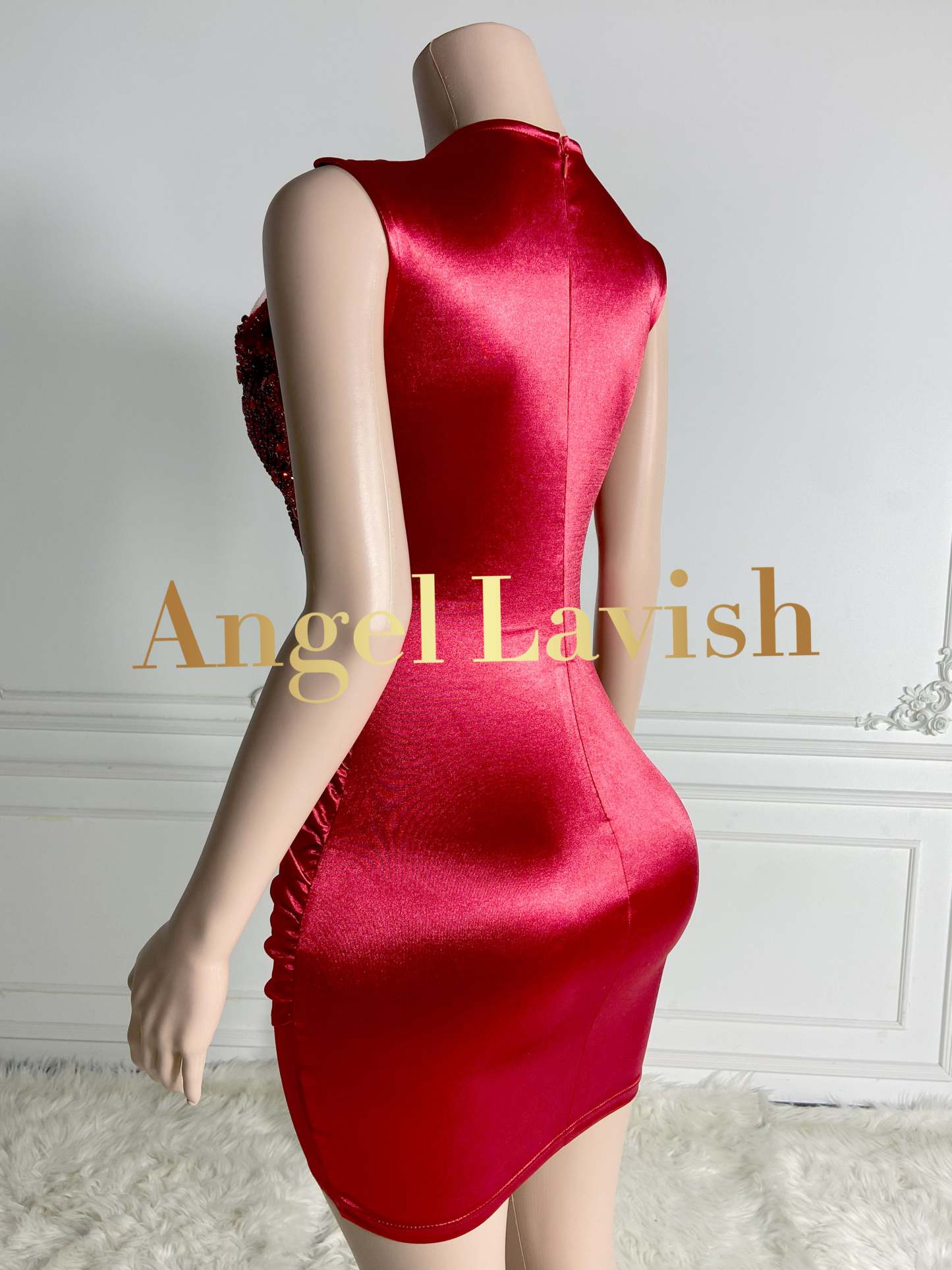 Bold Red Deep-V Neck Beaded Mini Satin Dress