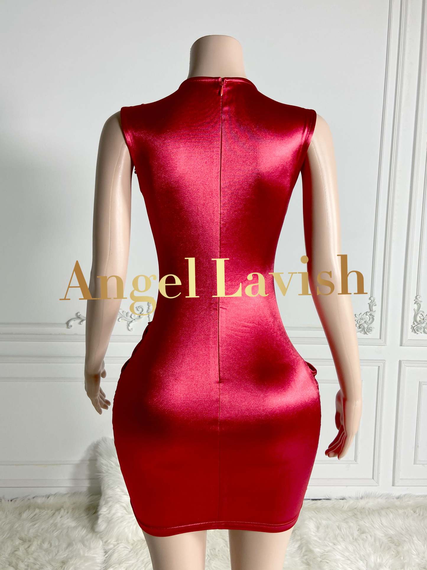 Bold Red Deep-V Neck Beaded Mini Satin Dress