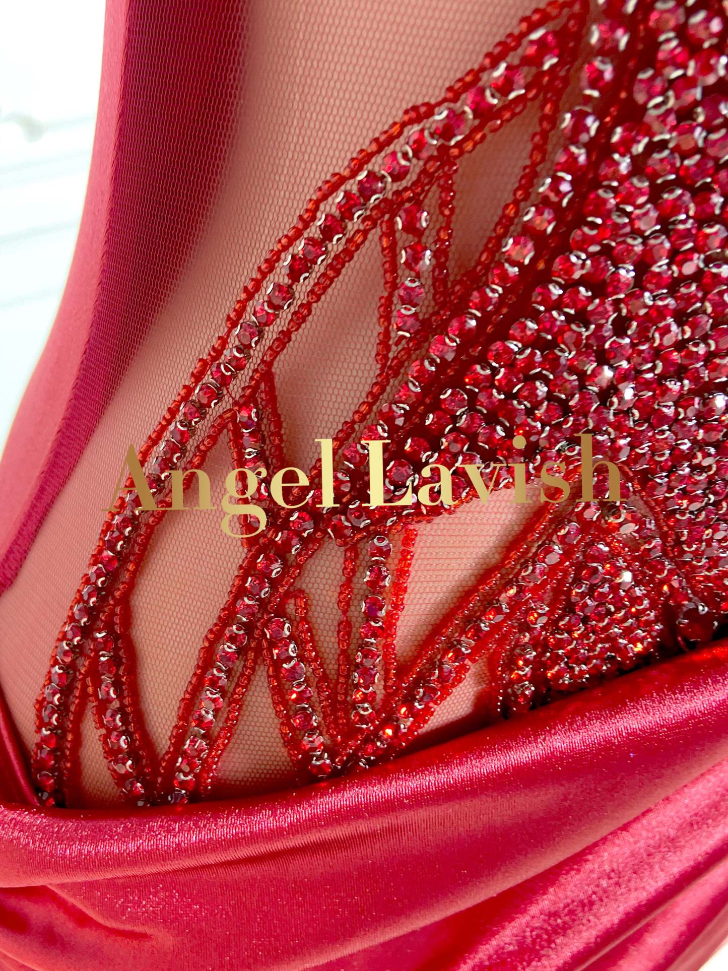Bold Red Deep-V Neck Beaded Mini Satin Dress